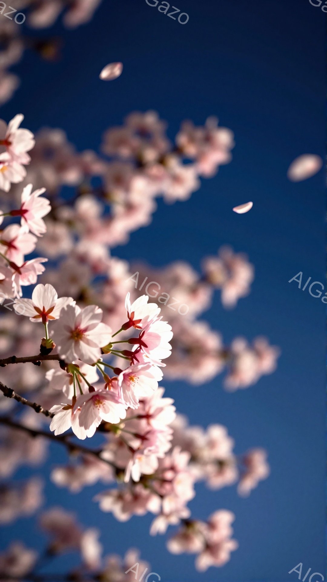 鮮やかな青空を背景に、桜の花びらが舞い散る様子が捉えられています。ピンク色の桜の花は満開で、枝いっぱいに咲き誇り、春の暖かさと儚さを感じさせます。花びらが空に散りゆく様子は、春の移ろいやすさを表現して - AI生成フリー素材