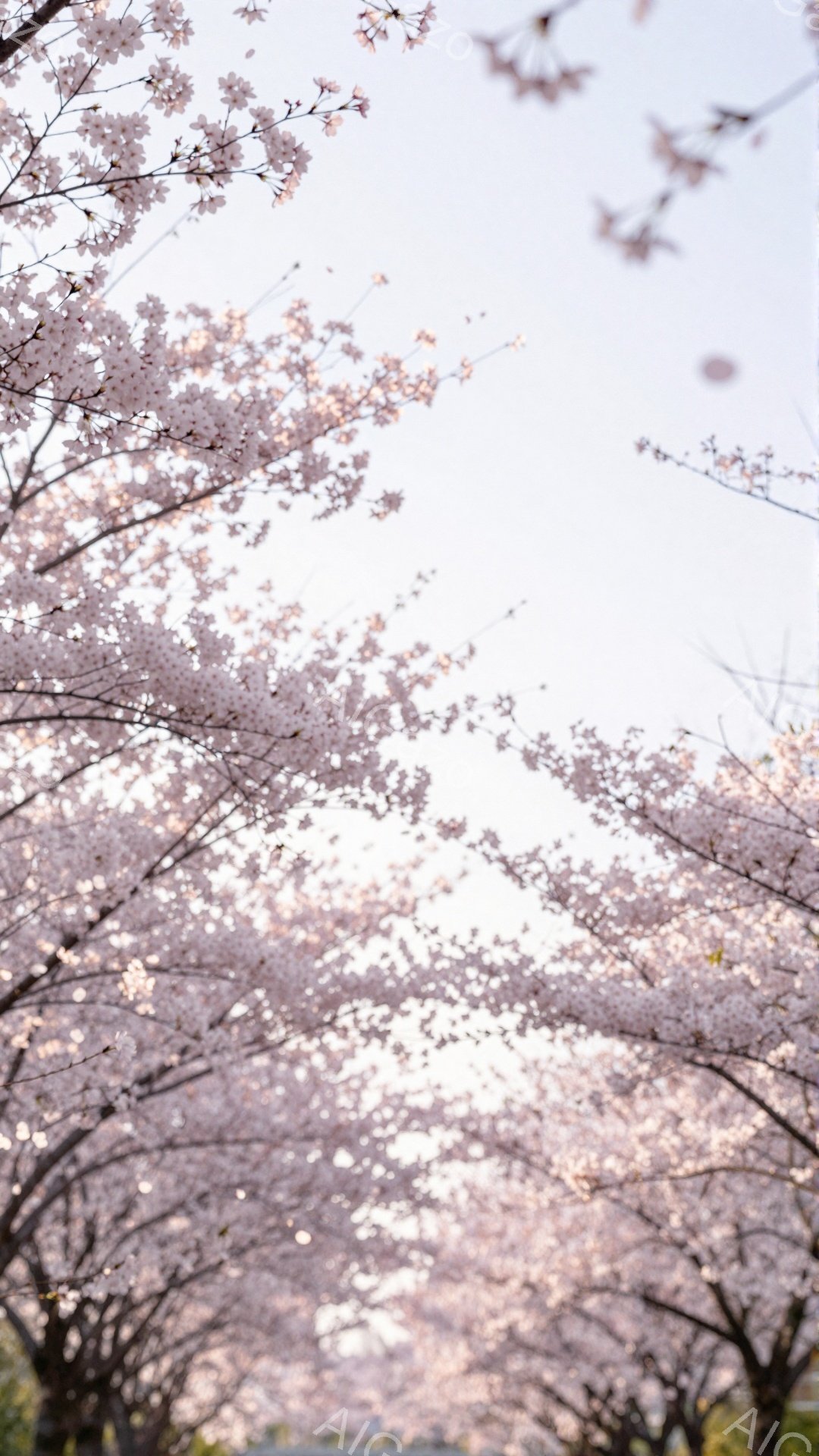 桜並木が続く道を行く人々の姿が捉えられています。満開の桜の花びらが空を舞い、柔らかい光に照らされた風景は春の訪れを感じさせます。背景にはぼんやりと建物が見え、穏やかで幻想的な雰囲気が漂っています。 - AI生成フリー素材