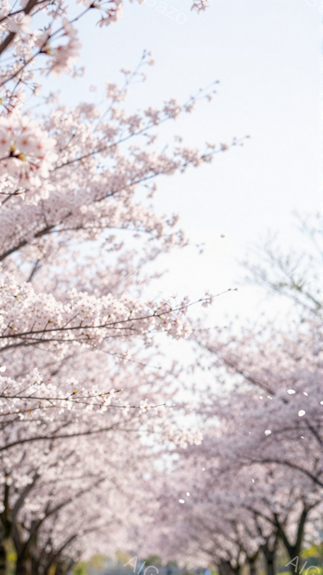 桜並木が続く道を行く人の姿が捉えられています。桜の花びらが舞い散り、柔らかい光に包まれた幻想的な雰囲気です。背景には緑の草地とぼやけた建物が見え、春の暖かさと儚さが感じられます。 - AI生成フリー素材