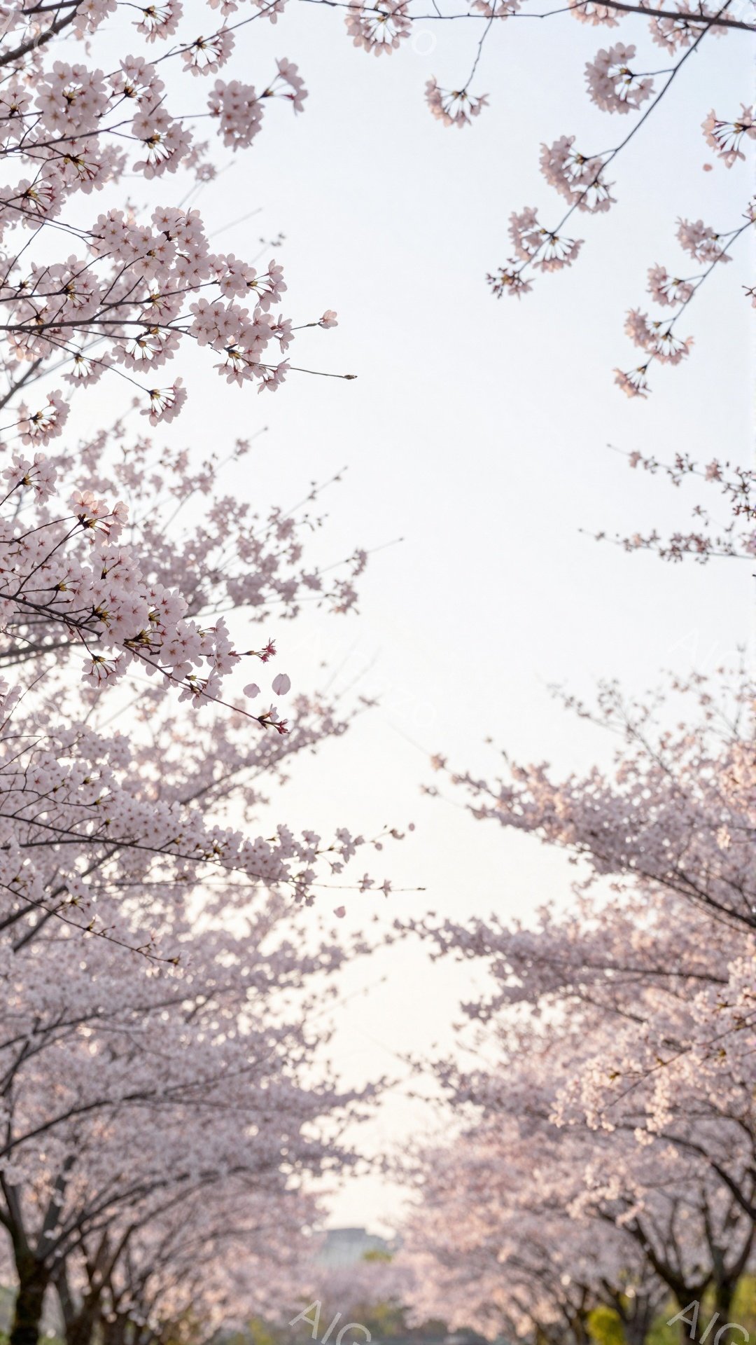 桜並木が続く美しい風景で、満開の桜の花びらが空を覆い、まるでトンネルのようになっている。遠くにはぼんやりと建物が見え、背景は淡いオレンジ色と青色のグラデーションで、穏やかで幻想的な雰囲気を醸し出している。桜の淡いピンク色が春の暖かさを感じさせ、心安らぐ美しい瞬間を切り取った写真である。