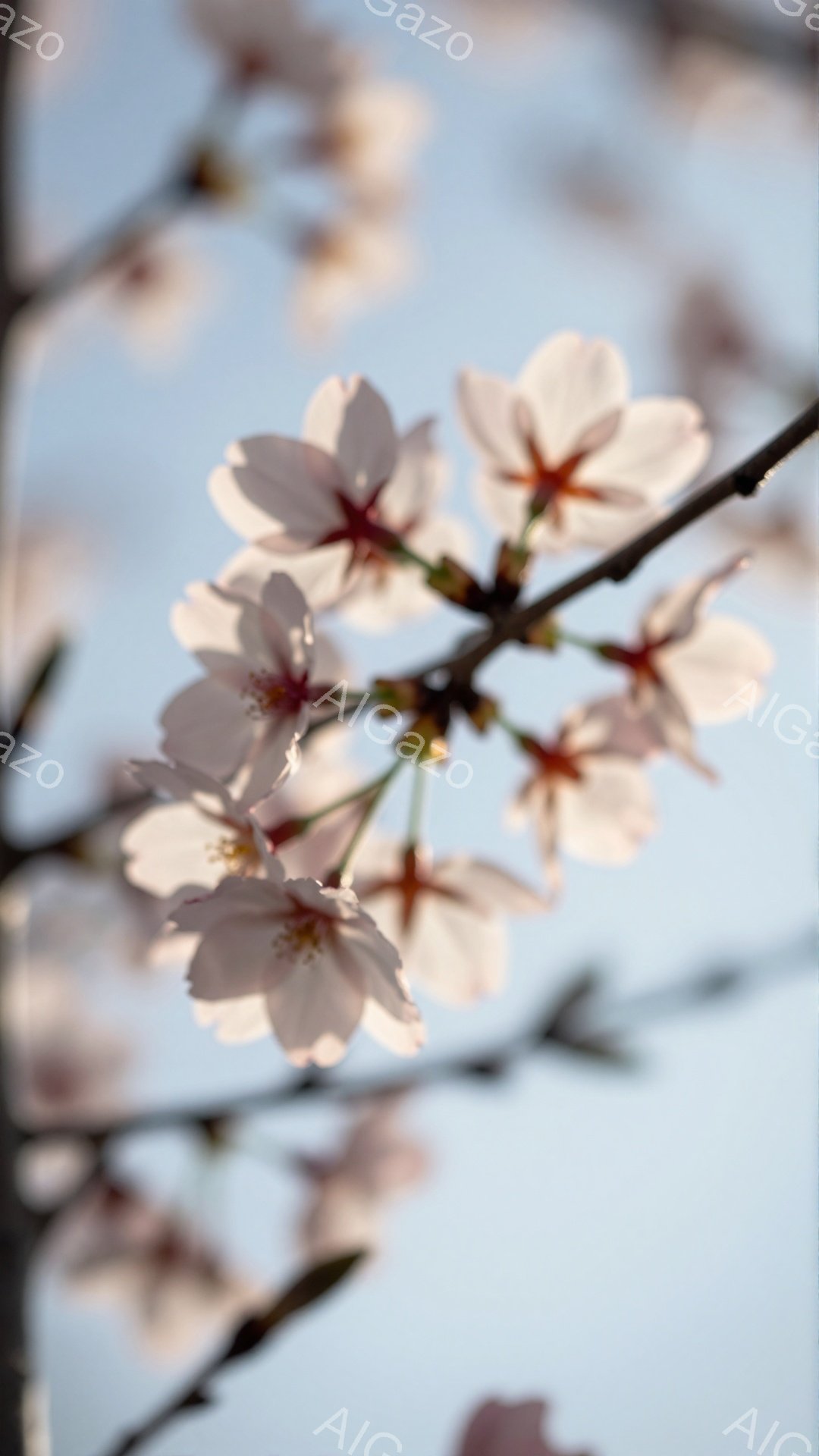 桜の花が枝先に咲き誇り、淡いピンク色が空を背景に美しく映えています。太陽の光が花びらを照らし、透明感のある優しい雰囲気を醸し出しています。背景は穏やかな水色の空で、春の暖かさと生命力を感じさせます。 - AI生成フリー素材