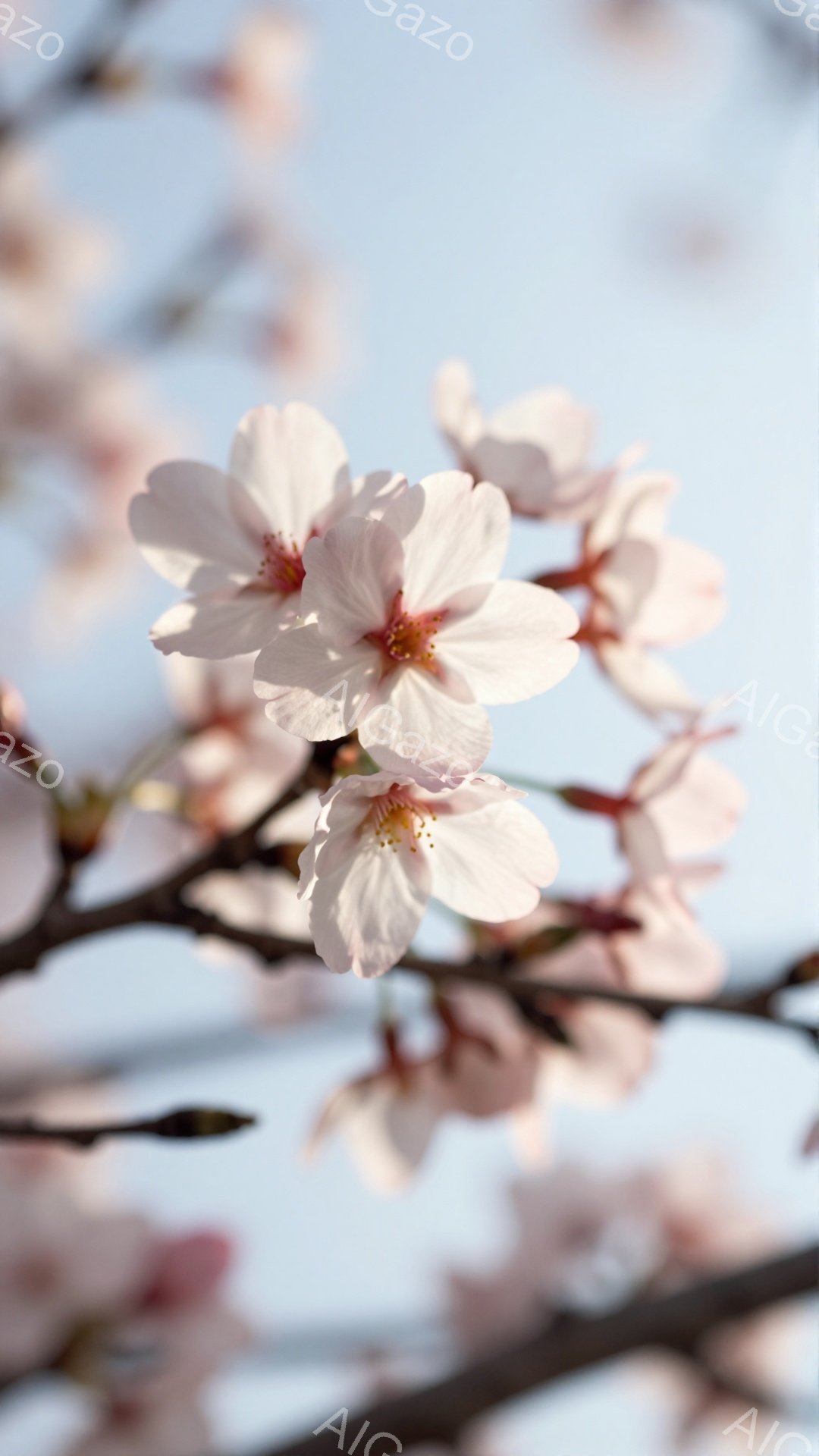 桜の花が咲き誇る、春の風景です。淡いピンク色の花びらが密集し、柔らかい光に照らされています。背景には青空が広がり、穏やかで優しい雰囲気を醸し出しています。 - AI生成フリー素材