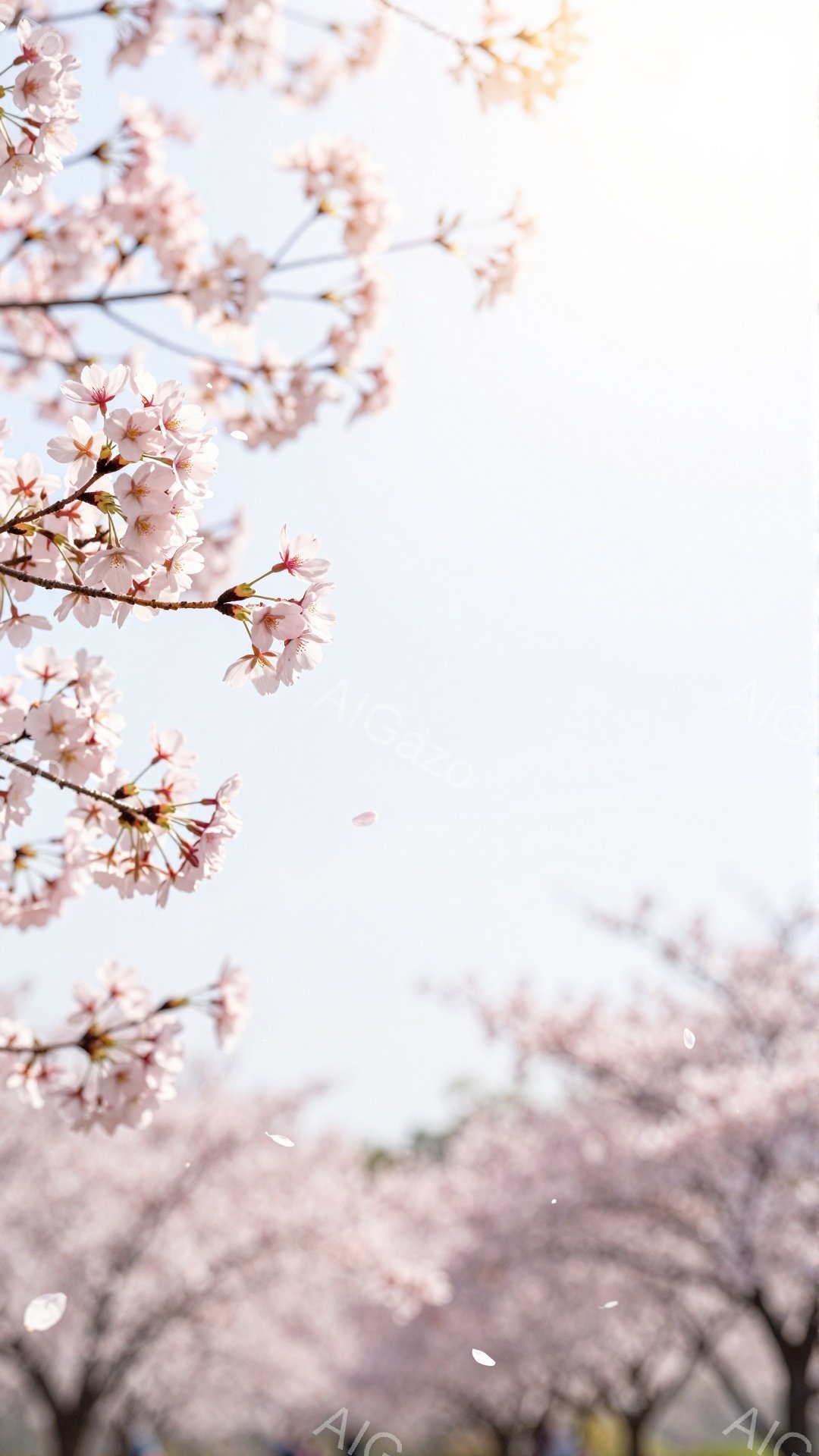 桜の花びらが舞い散る、春の風景が描かれている。ピンク色の桜が画面いっぱいに広がり、背景は穏やかな空と緑の木々で、柔らかい光が全体を包み込んでいる。花びらの儚さと美しい色彩が、春の暖かさと優しさを感じさせる。