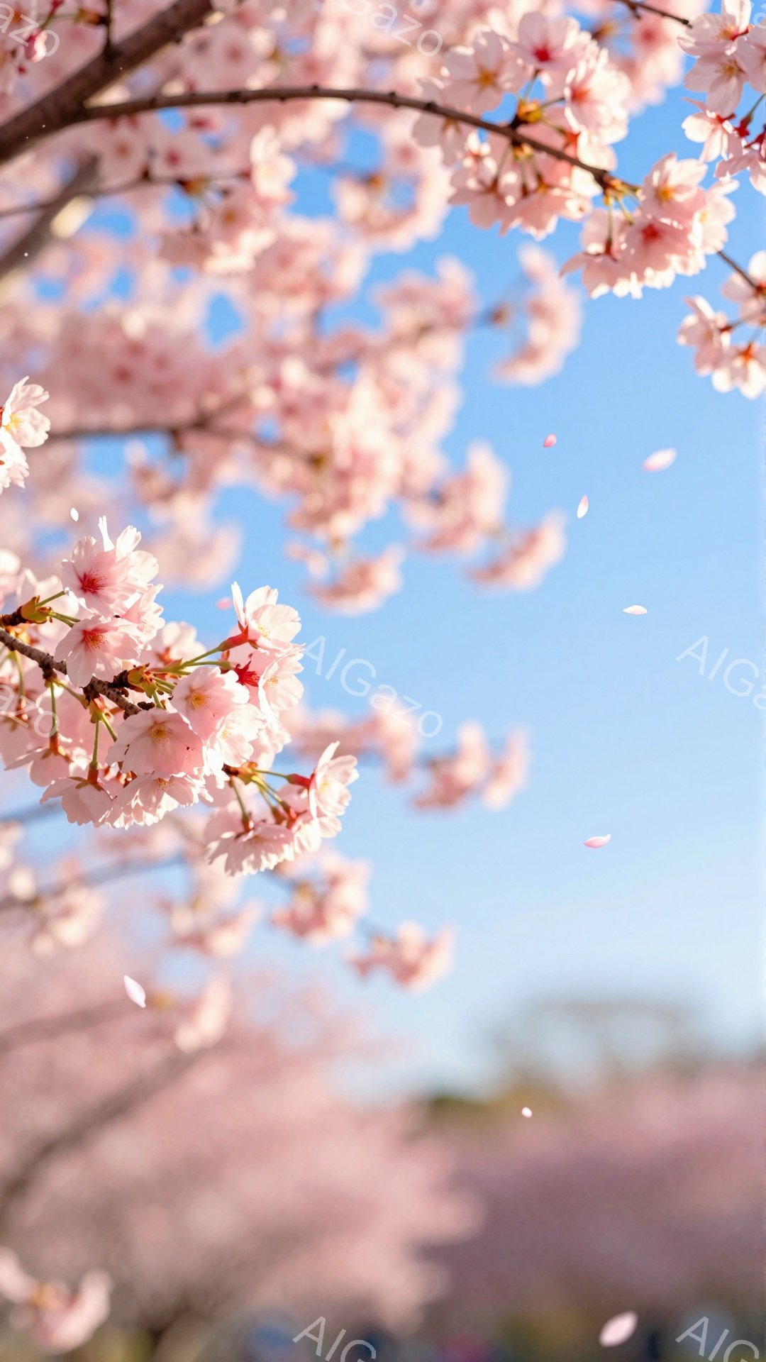 桜の花びらが舞い散る美しい春の風景です。空は澄んだ青色で、桜の淡いピンク色とのコントラストが鮮やかです。背景にはぼんやりと緑の木々が見え、暖かく穏やかな雰囲気が漂っています。 - AI生成フリー素材