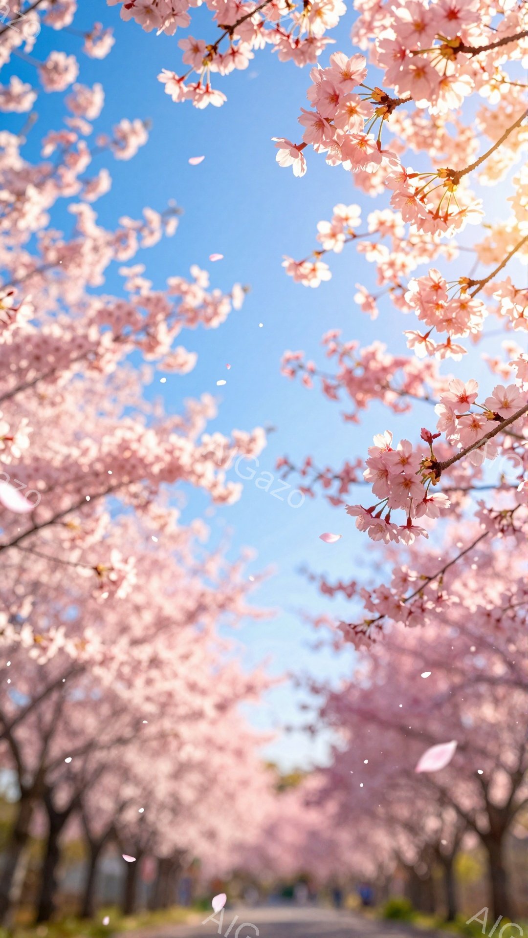 桜並木が続く道を行く人々を、花びらが舞う中で捉えた写真です。空は澄み渡った青空で、桜の淡いピンク色が鮮やかに映えています。春の暖かく穏やかな雰囲気が感じられ、散りゆく花びらが、時の流れの美しさを表現し - AI生成フリー素材