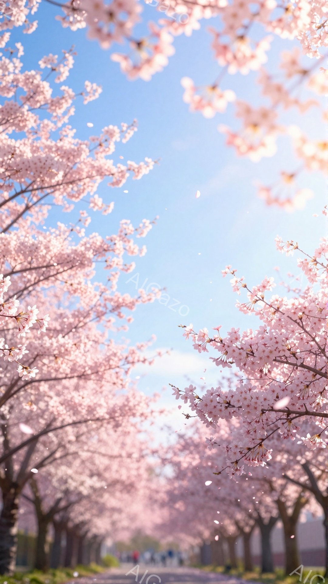 桜並木が続く道を行く人々の姿が捉えられています。桜の花びらが舞い散り、空は明るい青色で、春の暖かく穏やかな雰囲気が伝わってきます。遠くには緑の芝生と木々が見え、全体的に優しい色彩で統一されています。 - AI生成フリー素材