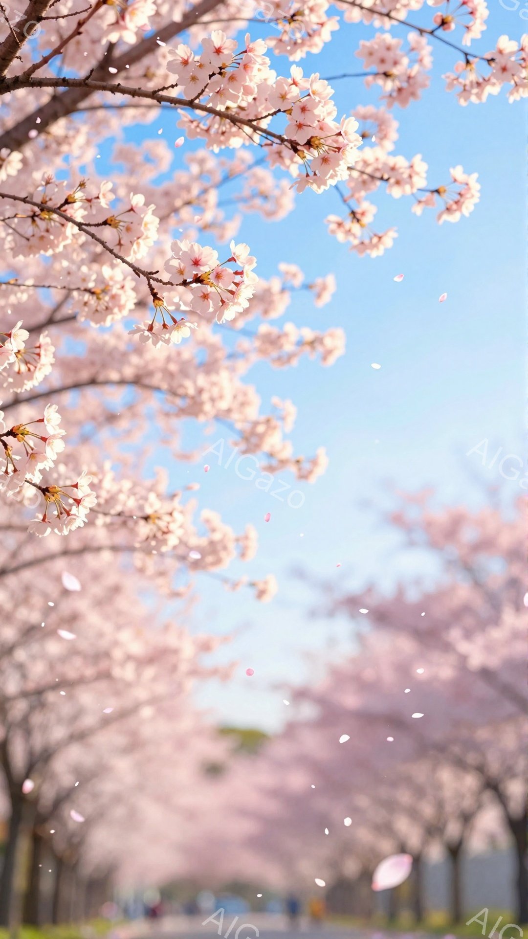 桜の木々が咲き誇り、花びらが舞い散る美しい春の風景です。手前に咲き誇る桜の花が鮮やかにぼやけ、奥には緑の芝生と道路、そしてぼんやりと見える人影が広がっています。空は晴れやかで、桜の花びらが明るい光の中でキラキラと輝き、穏やかで詩的な雰囲気を醸し出しています。