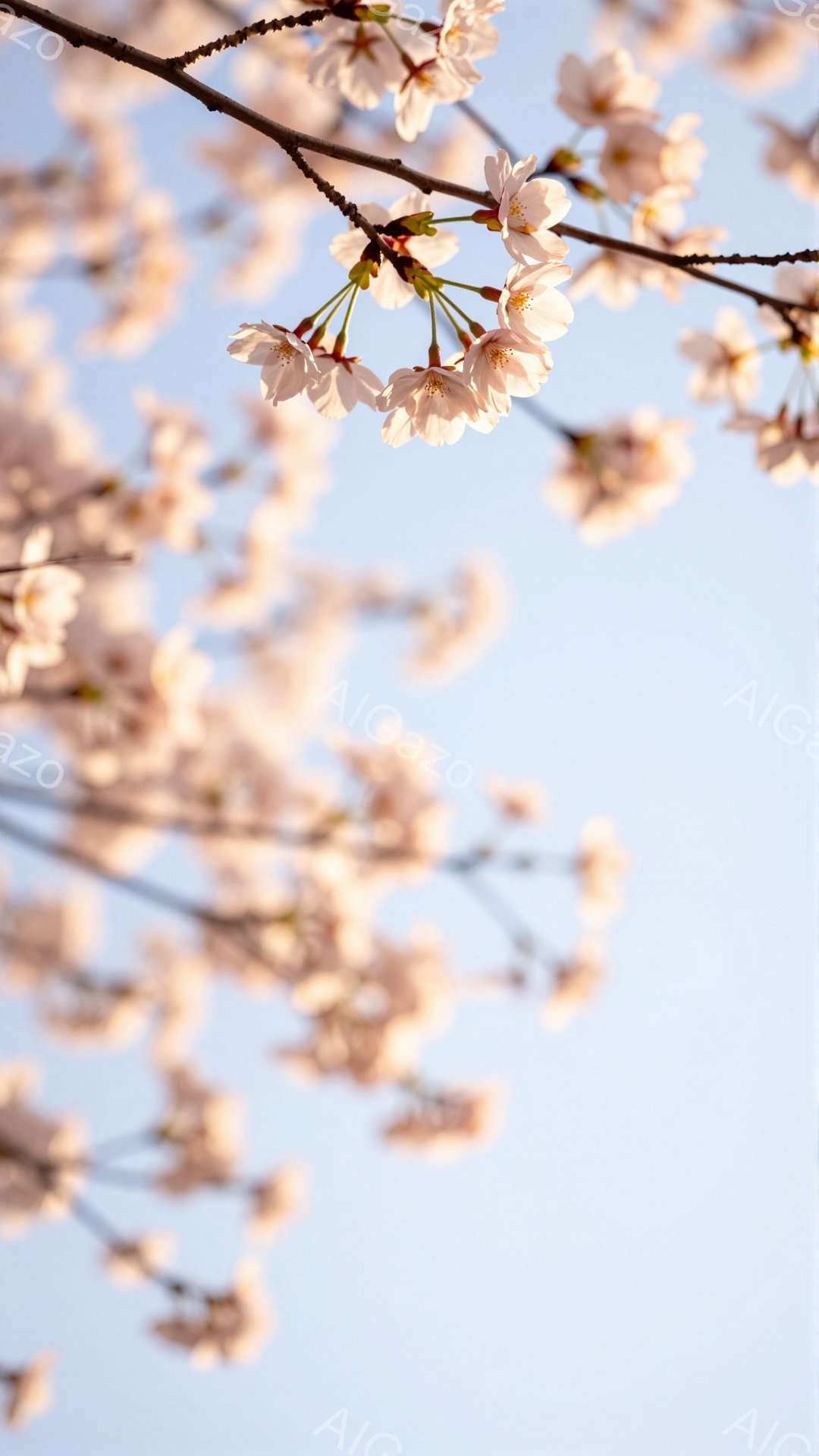 空を背景に、桜の花びらが咲き誇る様子が捉えられています。薄桃色の花は密集しており、枝から優雅に伸びています。穏やかな青空とのコントラストが、春の暖かさと儚さを表現しています。 - AI生成フリー素材