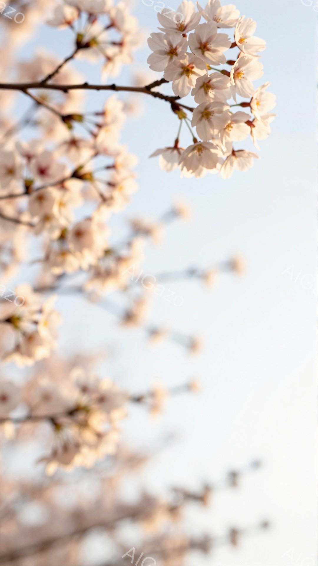 空は薄い水色で、桜の花が咲き乱れている様子が写っている。花びらは白から淡いピンク色で、柔らかい光に照らされ、春の穏やかな雰囲気を醸し出している。背景はぼやけており、自然の美しさが際立っている。