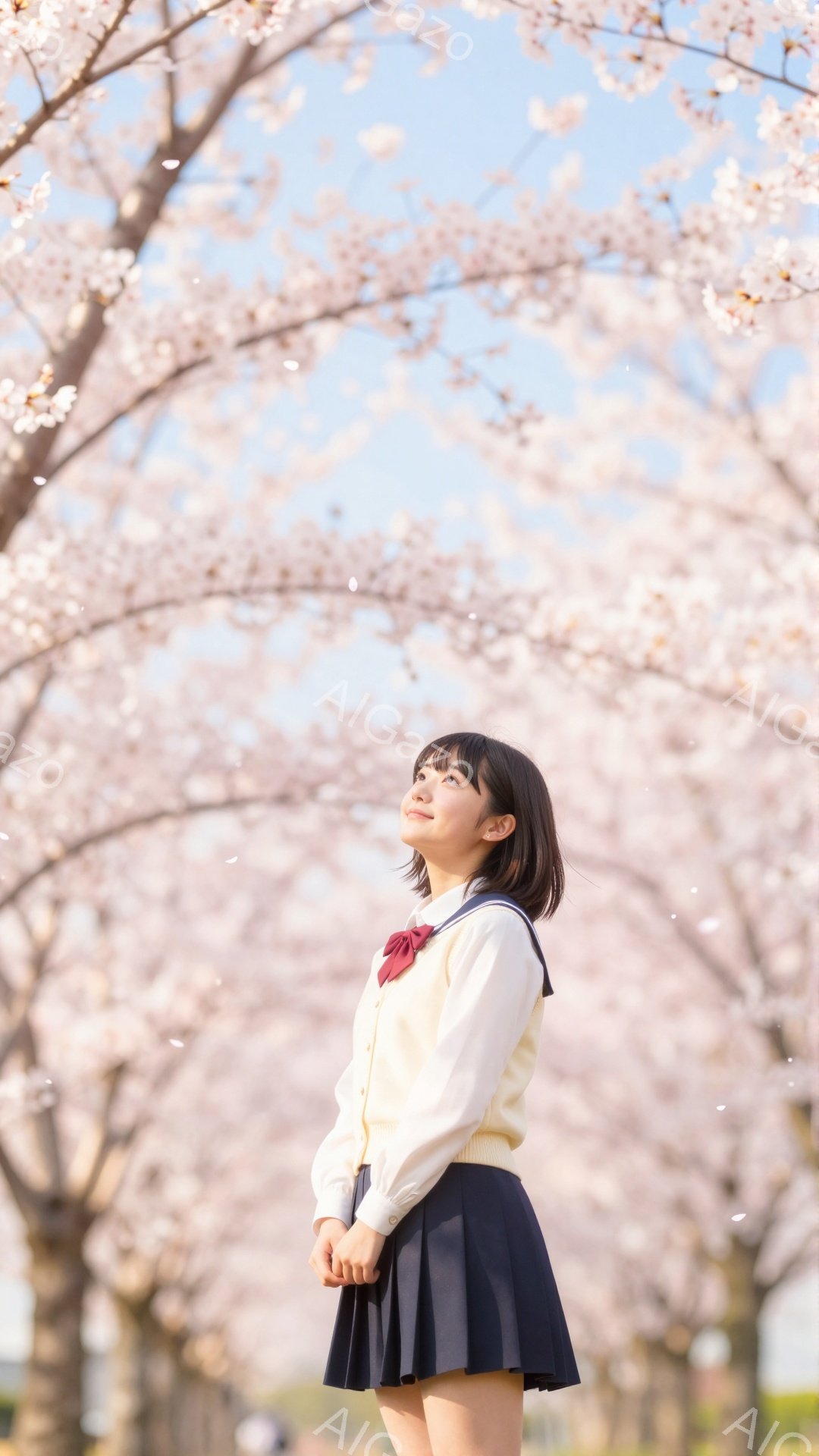 短い茶色の髪に、少し微笑んだ表情の若い女性が写っています。白いシャツにベージュのカーディガン、紺色のプリーツスカートという制服のような服装で、見上げるように空を見つめています。背景には桜が満開の木々と - AI生成フリー素材