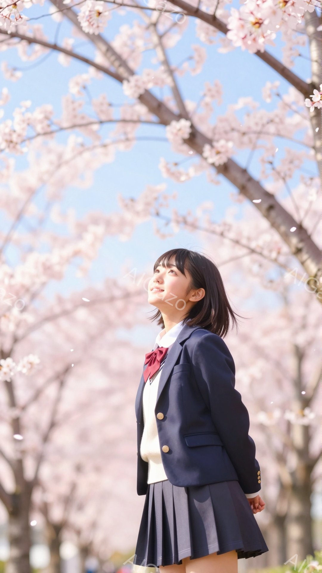 制服を着た若い女性が、満開の桜並木の下で少し上を見上げて立っている。彼女は紺色のブレザー、白いセーター、プリーツスカートを着用し、赤いリボンで首元を飾っている。柔らかい日差しと舞い散る桜の花びらが、春 - AI生成フリー素材