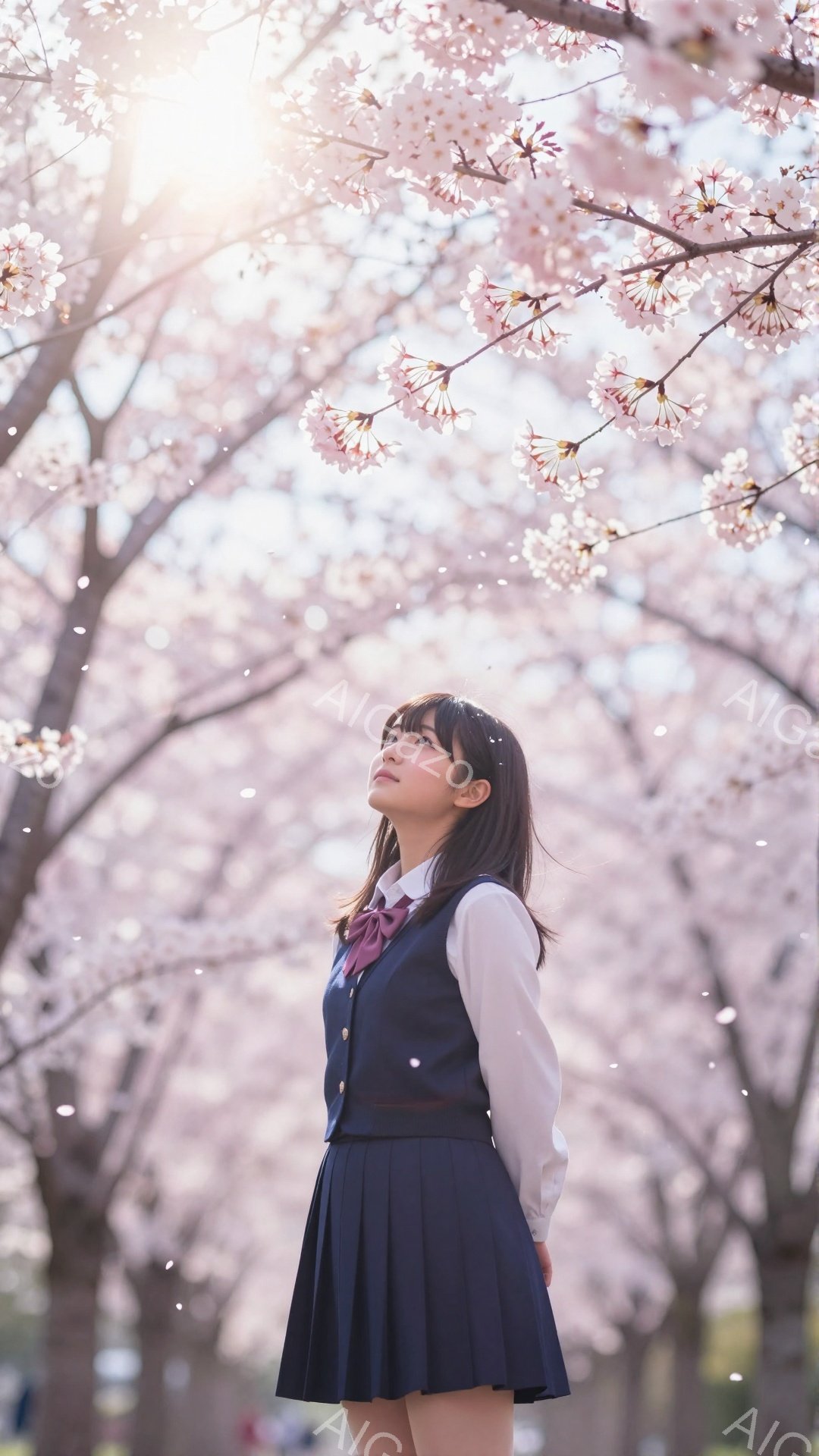 紺色のスカートと白いブラウス、そしてネイビーのベストを着た若い女性が、満開の桜並木の道を立っている。彼女は少し上を見上げ、表情は穏やかで、リラックスした雰囲気である。背景には桜の花びらが舞い散り、春の - AI生成フリー素材