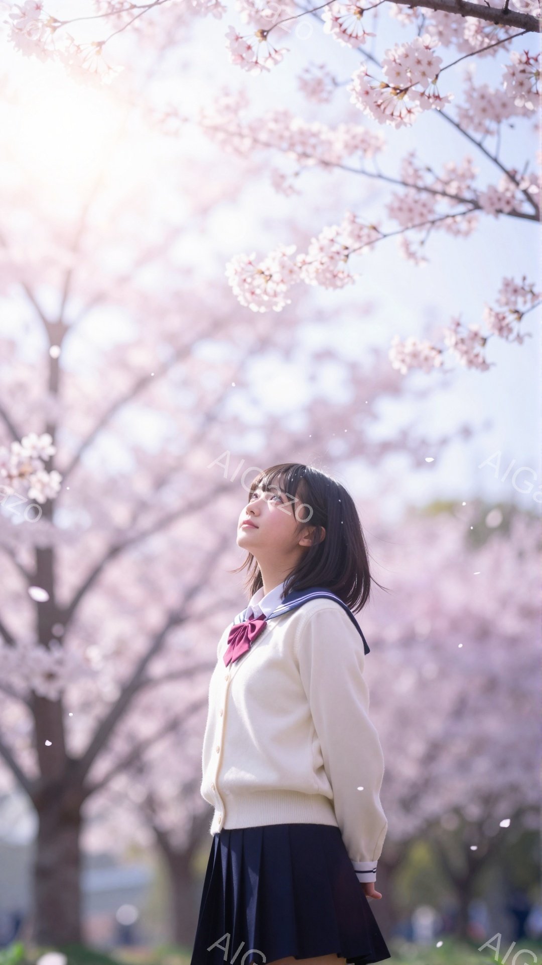 桜並木の下で、制服を着た若い女性が空を見上げている。彼女は短い茶色の髪を持ち、顔には穏やかな表情が浮かんでいる。背景には、満開の桜の花びらが舞い、春の暖かく優しい雰囲気を醸し出している。 - AI生成フリー素材