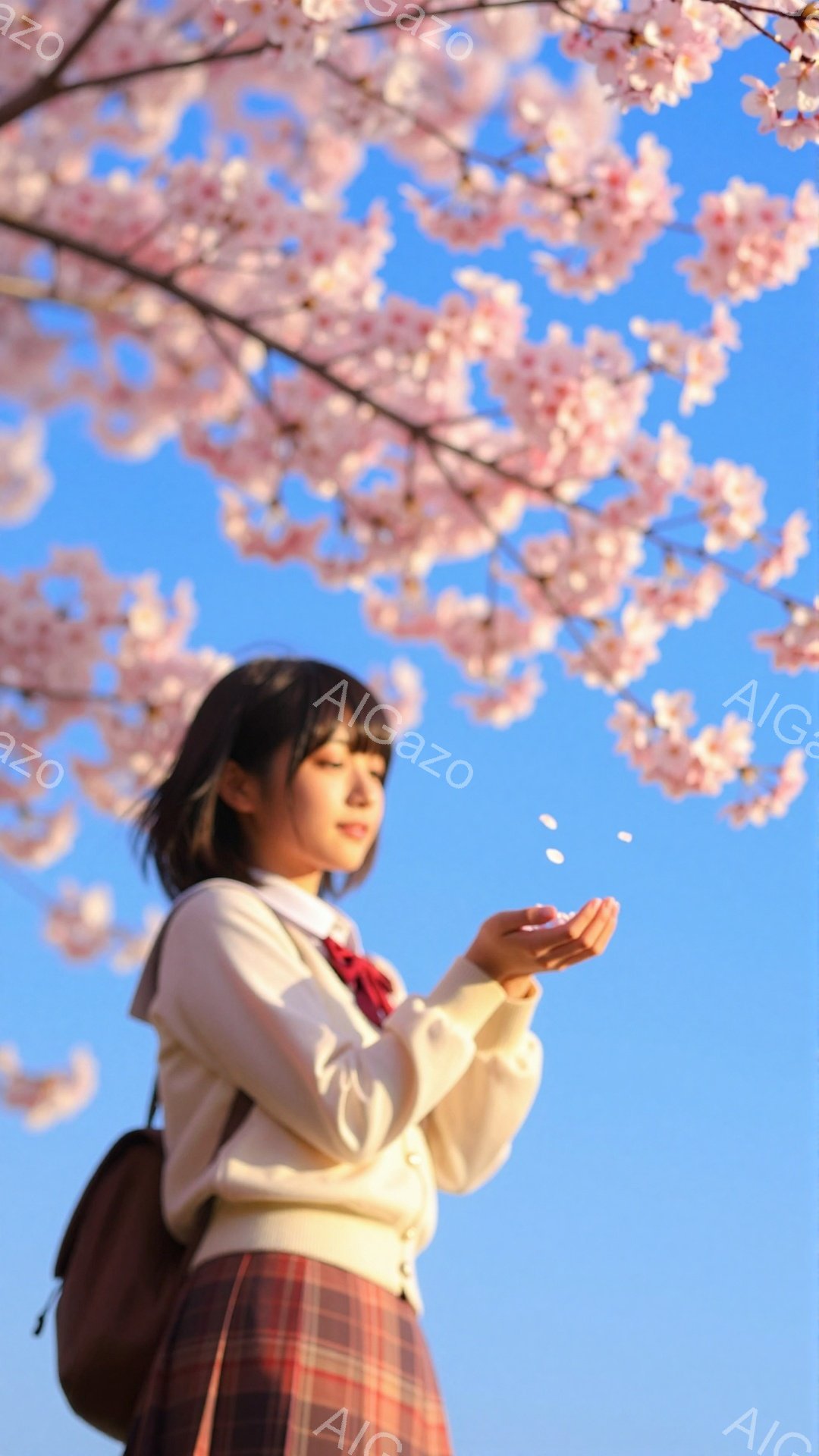 少女は、クリーム色のカーディガンとチェック柄のスカート、赤いリボンを着用し、黒髪を肩のあたりでカットしたヘアスタイルです。彼女は目を閉じ、両手を前に出して桜の花びらを優しく受け止めるようにしています。 - AI生成フリー素材