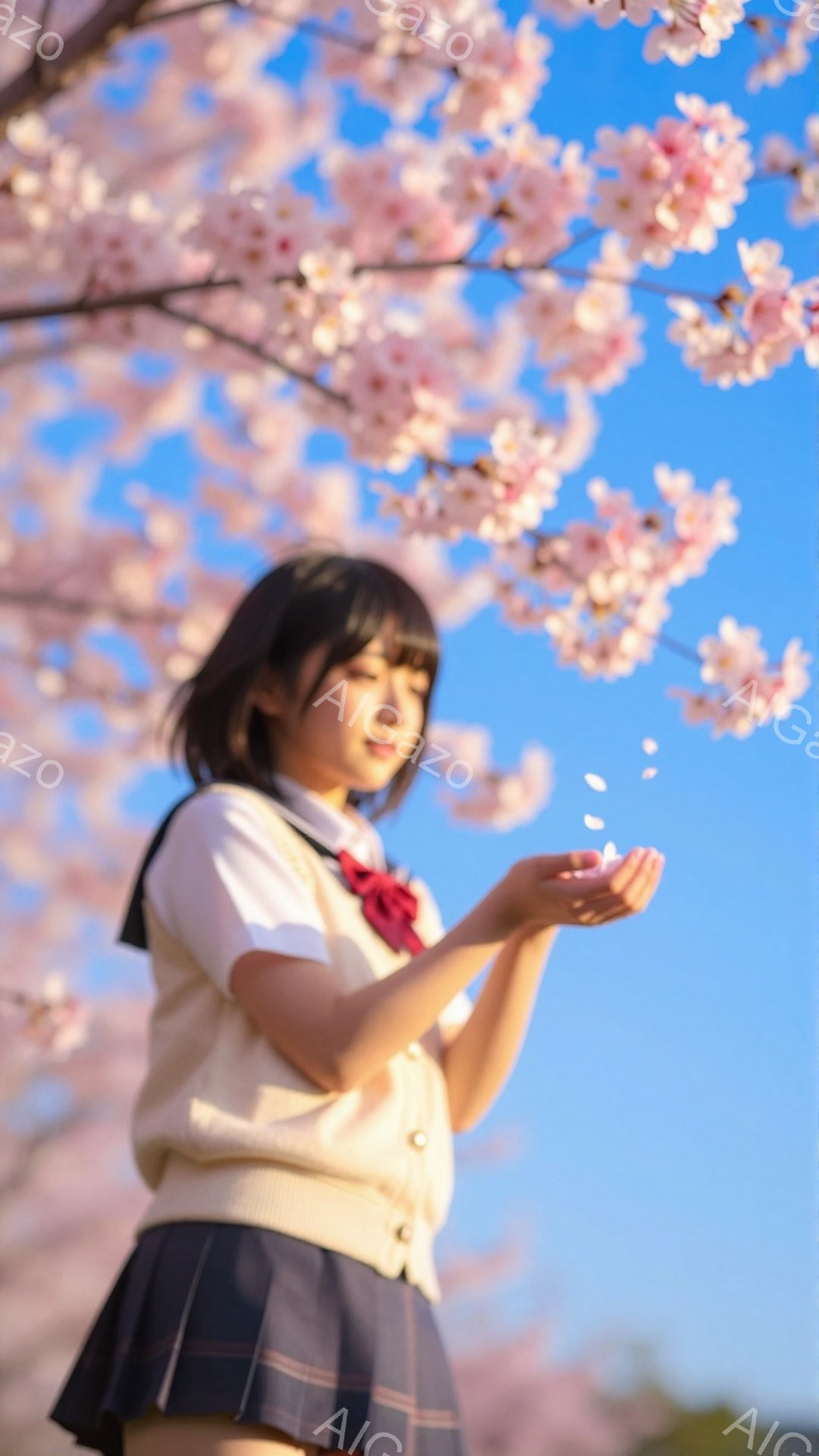 画像には、桜並木の下に立つ若い女性が写っています。彼女は白いカーディガン、チェック柄のプリーツスカート、赤いリボンをつけた制服を着ており、少し微笑んでいます。彼女は両手を前に差し出し、舞い落ちる桜の花 - AI生成フリー素材