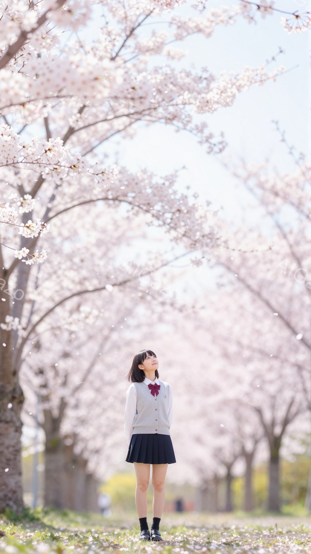 桜並木の道で、紺色のリボンと白いブラウスが印象的なセーラー服姿の少女が立っている。彼女は少し上を見上げており、柔らかな表情で春の景色を楽しんでいるようだ。背景には、満開の桜並木が広がり、桜の花びらが舞い散る幻想的な雰囲気を醸し出している。