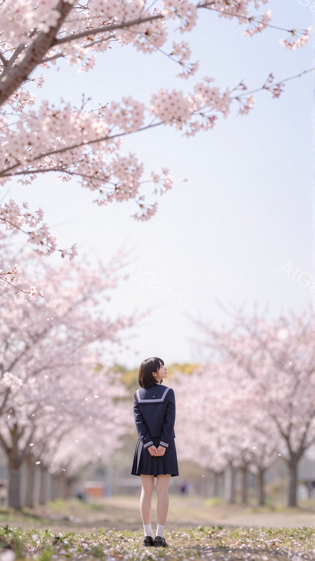 セーラー服を着た少女が、満開の桜並木の間に立っている。彼女は後ろを向き、両手を前に組んで桜を見上げている。背景には、桜並木が続き、地面には桜の花びらが散りばめられており、春の穏やかな雰囲気が漂っている。