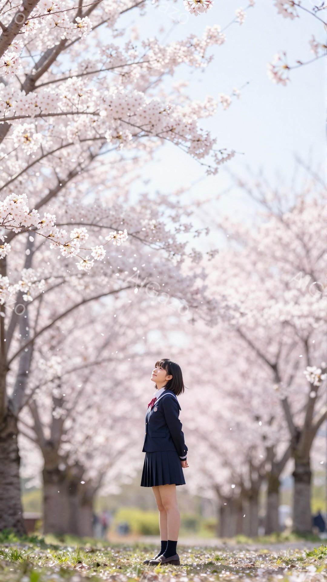 制服を着た若い女性が桜並木の道を歩いている。彼女は紺色のブレザーにプリーツスカート、黒い靴を履き、赤いリボンで髪を結んでいる。顔を上げ、桜の花びらに包まれながら何かを見つめているような表情をしており、 - AI生成フリー素材