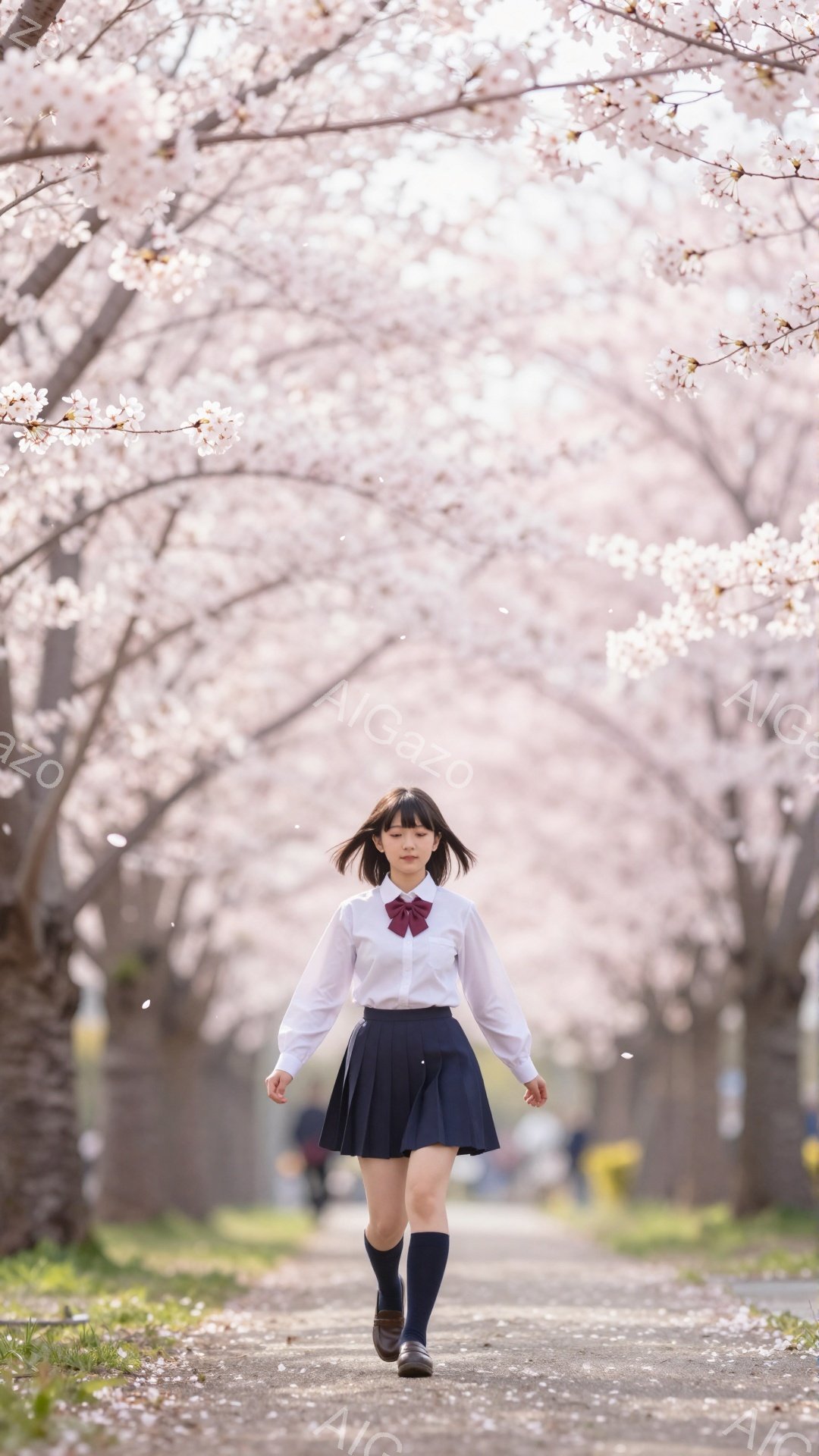 明るい日差しの中、セーラー服を着た若い女性が桜並木を歩いている。彼女は白いシャツに紺色のスカート、黒い靴を履き、髪を短く切りそろえ、少し微笑んでいる。背景には満開の桜が咲き誇り、ピンク色の花びらが舞い、春の暖かく穏やかな雰囲気を醸し出している。