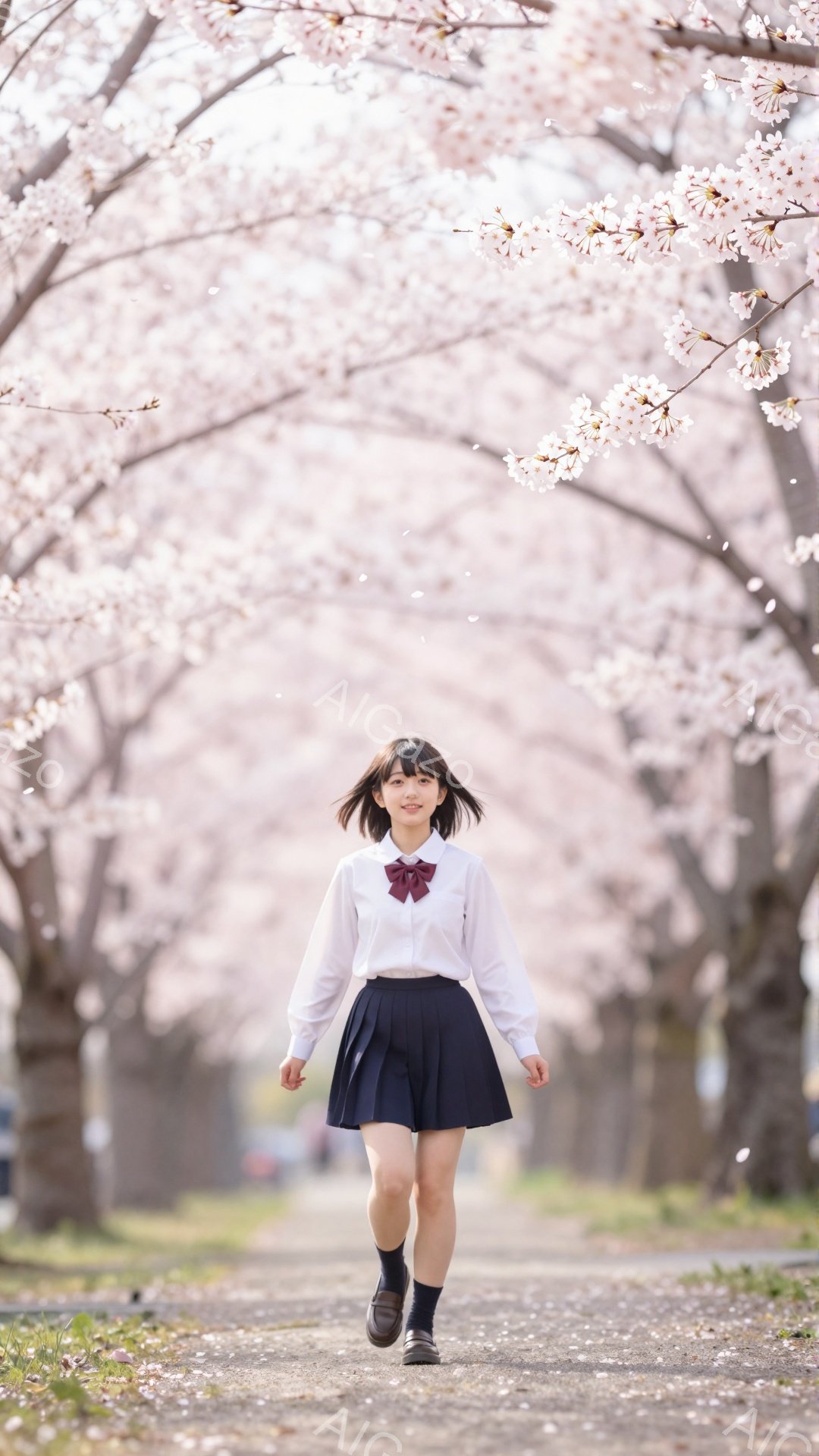 制服姿の少女が桜並木の中を正面を向いて歩いている。白いシャツに紺色のスカート、リボンとローファーを身に着け、少し微笑んだ表情で、髪は肩までの長さで前髪が目にかかっている。背景は満開の桜で、地面にも花びらが舞い散っており、春の暖かく穏やかな雰囲気が伝わってくる。