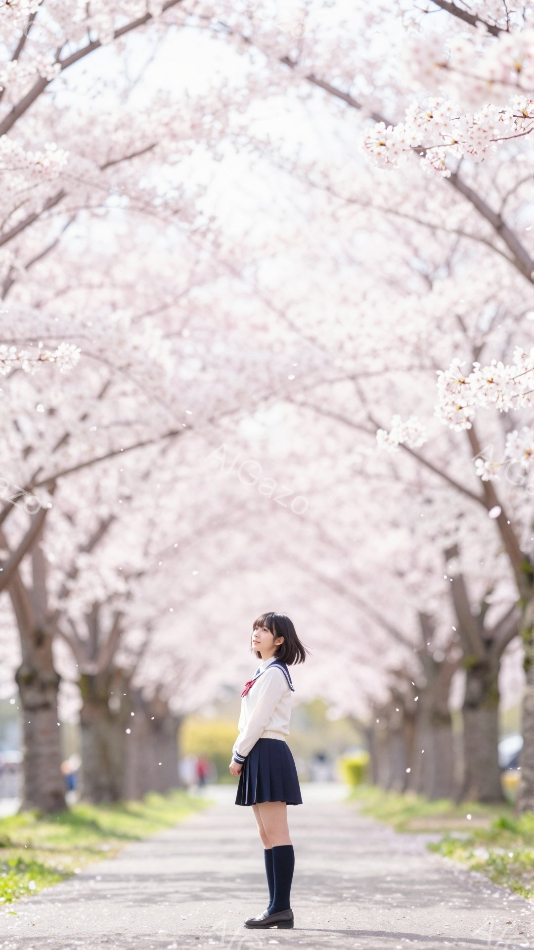 画像には、桜並木の中を歩く女子高生が写っています。彼女はセーラー服に黒のニーハイソックスとローファーを履き、少し上を見ている表情はどこか物憂げです。背景は満開の桜並木で、ピンク色の花びらが舞い散り、春の暖かく穏やかな雰囲気が漂っています。