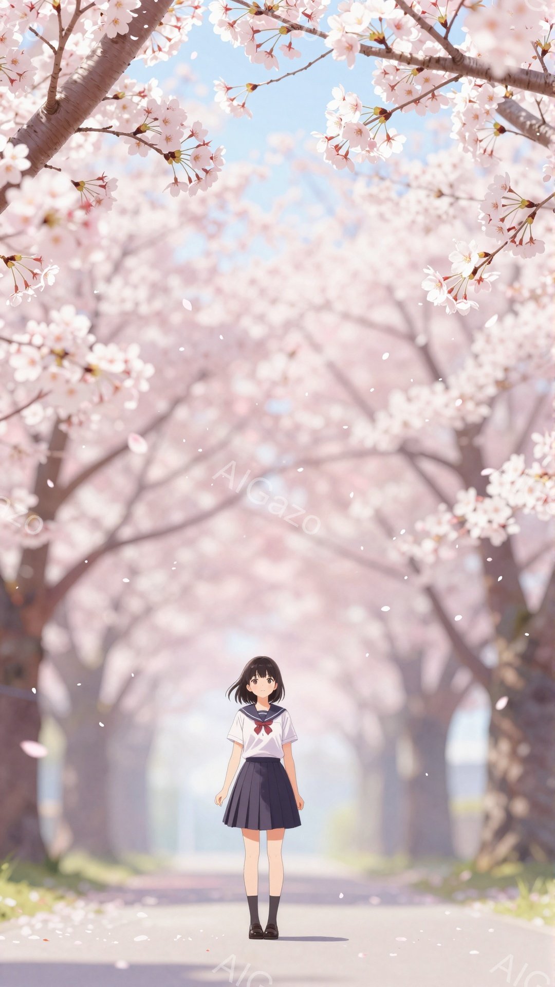黒髪で前髪を少し残した少女が、紺色のセーラー服と黒のスカート、靴下、靴を身に着けて、桜並木の中をまっすぐに歩いている。桜の花びらが舞い散り、道や少女の周りを覆っている。背景には桜の木々が続き、明るい日差しが差し込み、春の穏やかで幻想的な雰囲気を醸し出している。