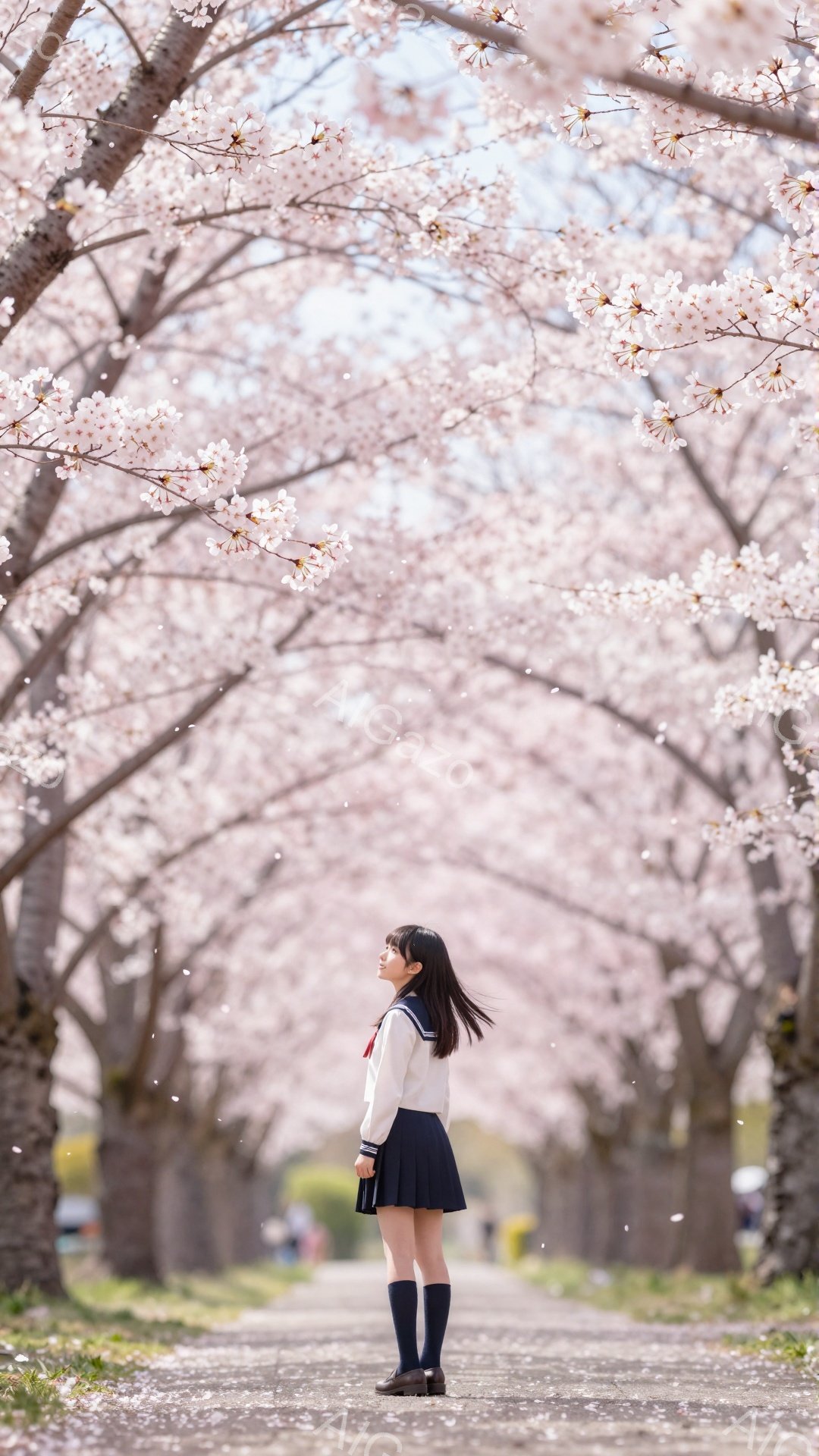 画像には、桜並木の下を歩く女子高生が写っています。紺色のスカートと白のセーラー服、黒い靴下を履き、長い黒髪を後ろでまとめています。背景は満開の桜で、花びらが舞い散っており、春の暖かく穏やかな雰囲気が漂っています。