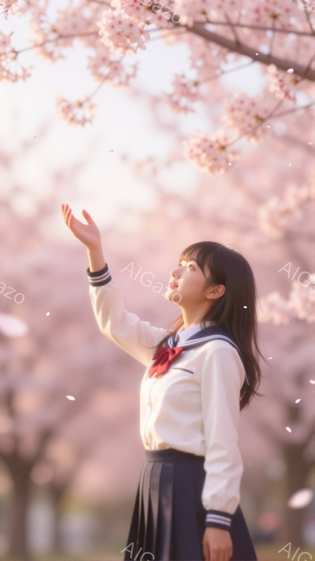 少女は紺色のセーラー服を着て、首に赤いリボンを結んでいます。彼女は顔を上げ、片手を伸ばして桜の花びらを掴もうとしているようなポーズをしています。背景は満開の桜並木で、柔らかい光が差し込み、春の穏やかで幻想的な雰囲気を醸し出しています。