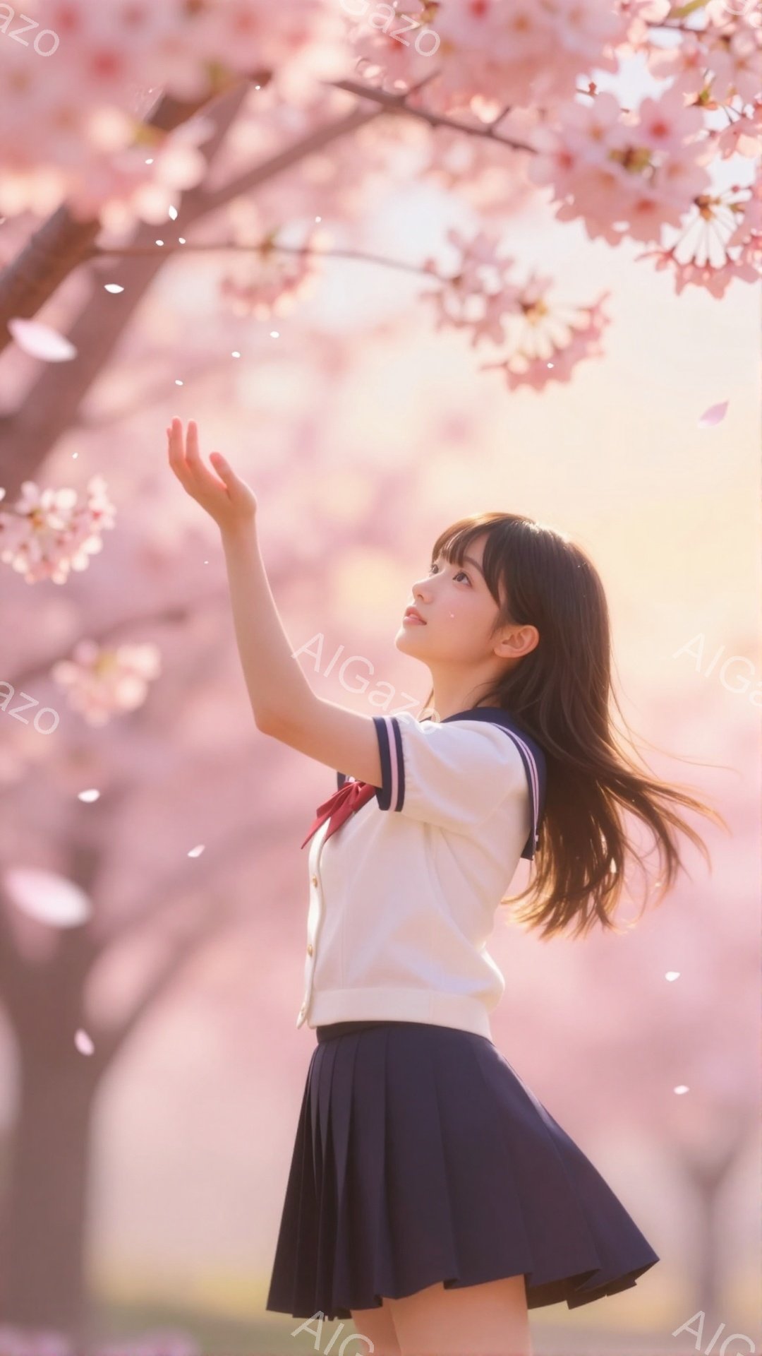 少女は紺色のセーラー服を着ており、白いブラウスとプリーツスカートが特徴的です。彼女は少し上を見上げ、片手を伸ばして桜の花びらを掴もうとしているようなポーズをとっています。背景には桜の木が咲き誇り、ピンク色の花びらが舞い散る春の穏やかな雰囲気が漂っています。
