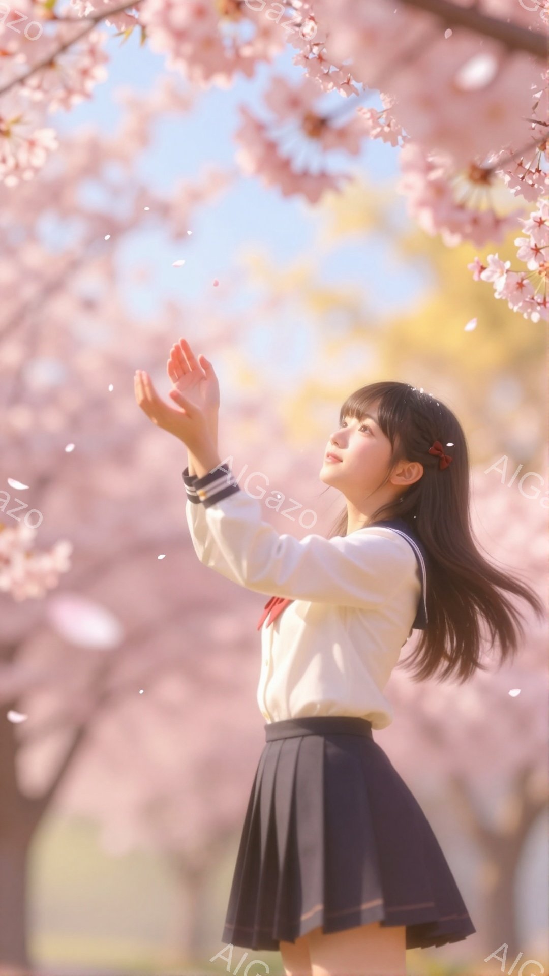 黒髪の長い女性が桜の木の下で、手を広げて桜の花びらを掴もうとしている。紺色のセーラー服に黒のスカート、赤いリボンが可愛らしい印象を与えている。背景には桜並木が広がり、柔らかい光が降り注ぎ、春の穏やかな - AI生成フリー素材