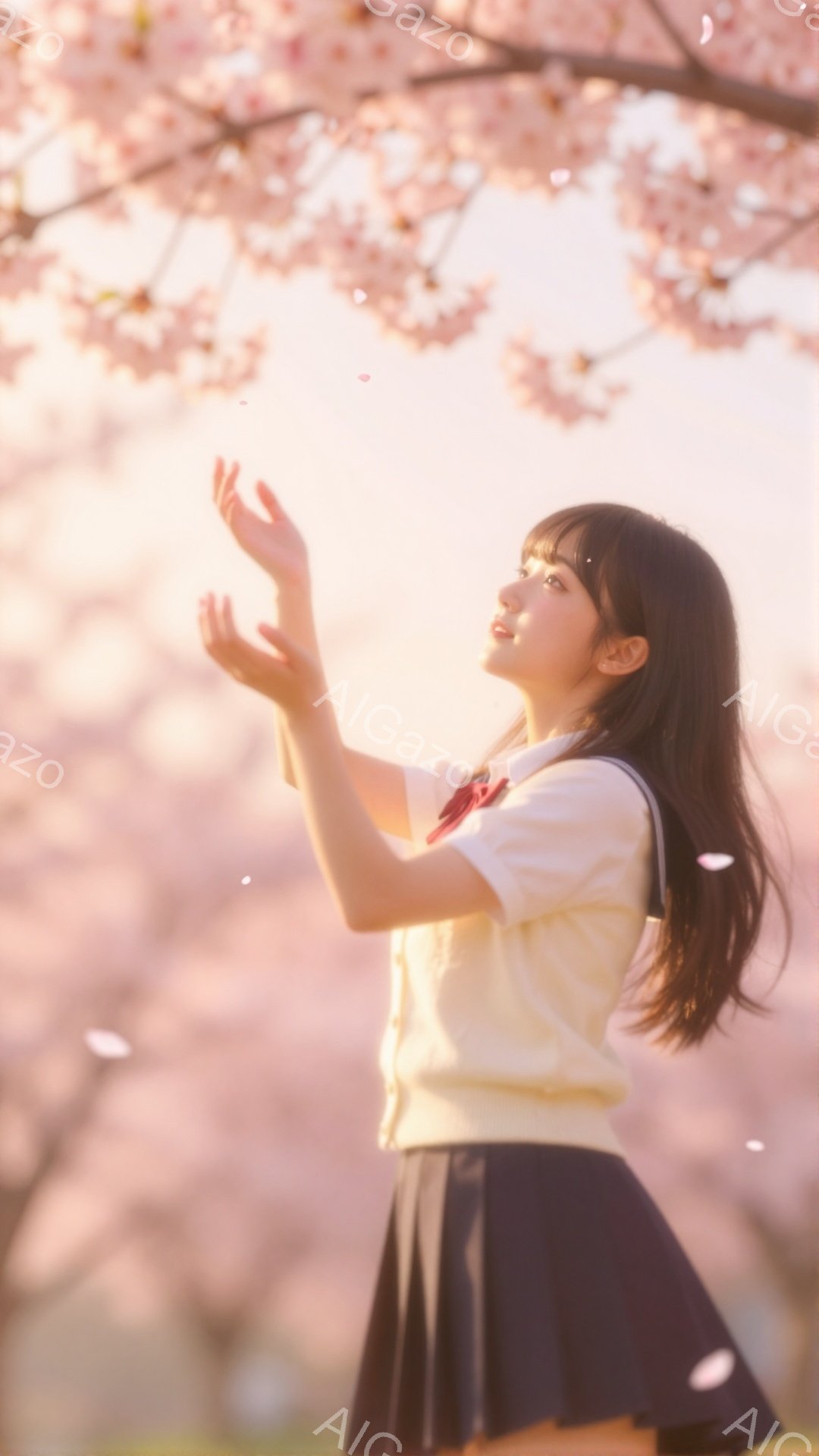 長い黒髪の少女が桜の花びらが舞う中で、両手を天に向かって伸ばしています。彼女は白いベストと黒のプリーツスカート、赤いリボンを着用した制服姿で、顔は少し上向き、希望に満ちた表情をしています。背景は淡いピ - AI生成フリー素材