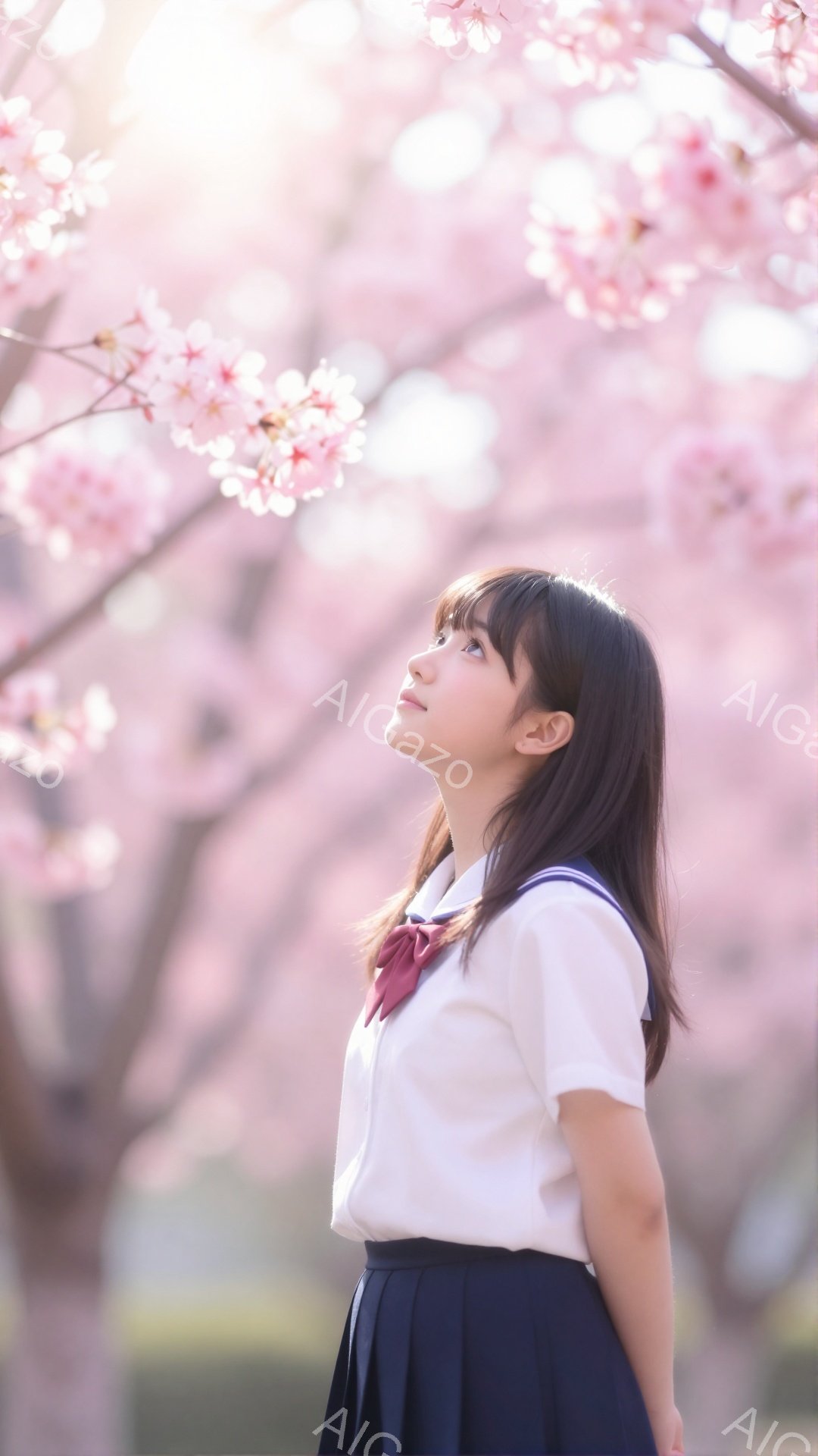 少女は白いブラウスと紺色のスカート、赤いネクタイという制服を着て、少し上を見上げています。彼女は黒髪で、前髪が目に少しかかり、表情は穏やかで希望に満ちています。背景には桜が満開の木々があり、柔らかい光 - AI生成フリー素材