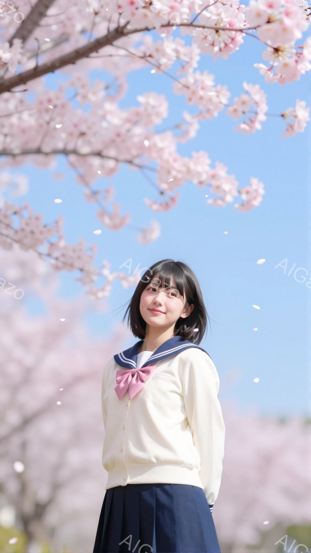 画像は、桜並木の下に立つ女子高生を描いています。彼女はクリーム色のカーディガンと紺色のスカート、ピンクのリボンを結んだセーラー服を着ており、黒髪を肩の長さで切り揃え、穏やかな笑顔を浮かべています。背景には、満開の桜が咲き誇り、空は晴れ上がっています。