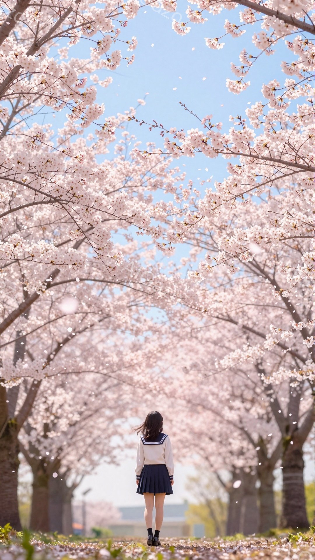 画像には、桜並木の真ん中に立つ女性が写っている。彼女はセーラー服とスカートを着用し、長い髪を後ろでまとめており、後ろ姿のため表情は分からない。桜の花びらが舞い散る中で、彼女は前方をまっすぐ見つめ、春の穏やかな日差しが降り注ぐ静かで美しい風景を作り出している。