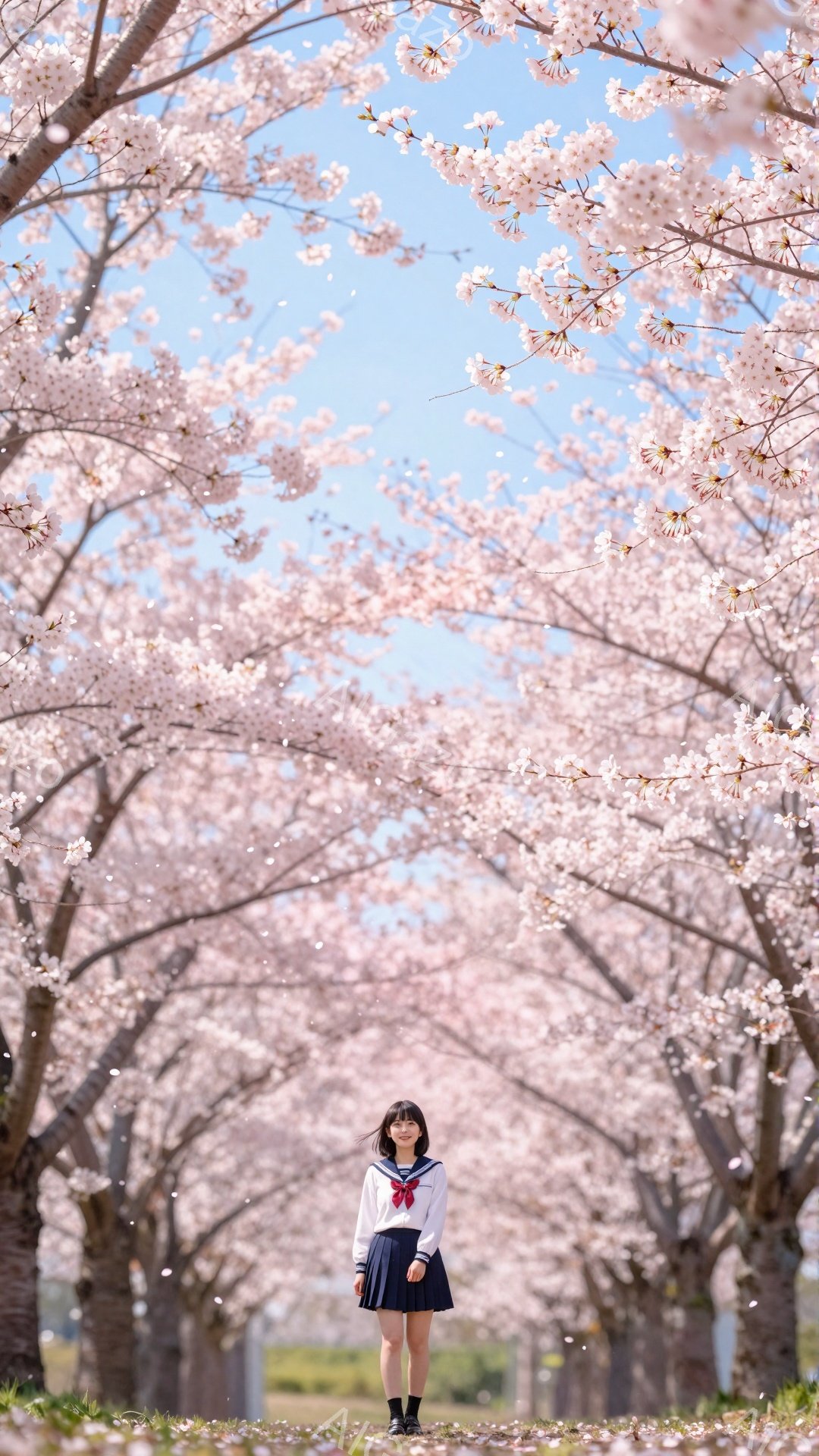 画像は、桜並木の中央に立つ女子学生を描いています。彼女はセーラー服を着ており、黒い髪を長く下ろしています。穏やかな表情で、まっすぐ前を見据えて立っており、桜の花びらが舞い散る美しい春の風景です。