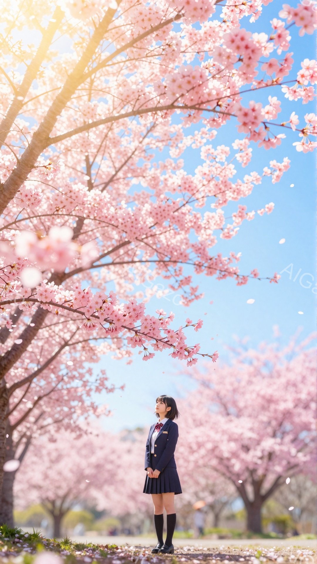 セーラー服を着た若い女性が、満開の桜並木の道を歩いています。彼女は黒いロングソックスと靴を履き、前髪を下ろした暗い髪で、顔は桜を見上げており、少し微笑んでいるように見えます。背景には青空が広がり、桜の花びらが舞い散る春の穏やかな雰囲気が漂っています。