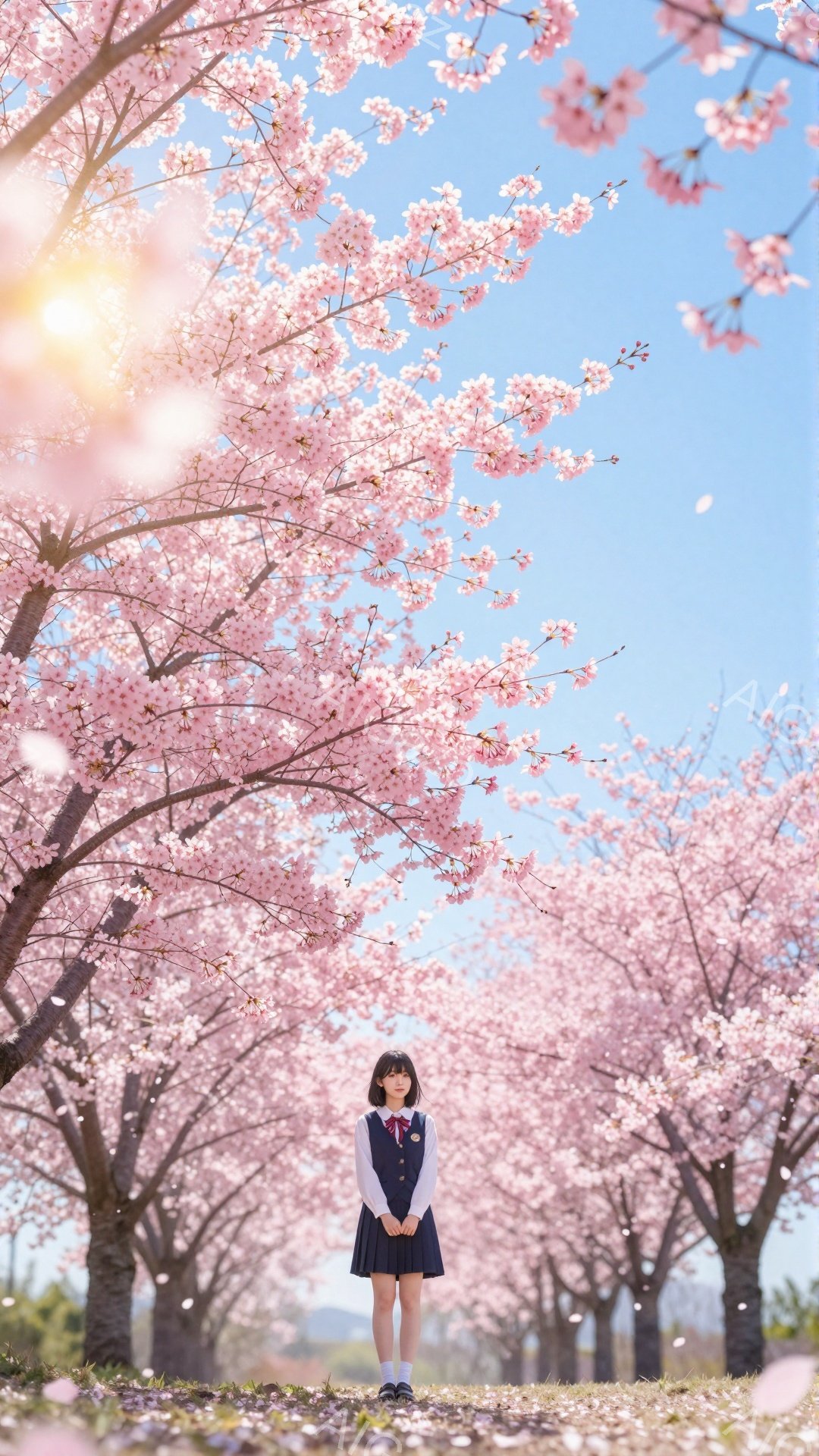 画像には、桜並木の中に立つ女子高生が描かれています。彼女は紺色のブレザー、白いシャツ、赤いリボン、チェックのスカートを着用し、黒い靴を履いています。桜の花びらが舞い散る中、彼女は正面を向き、少し微笑ん - AI生成フリー素材