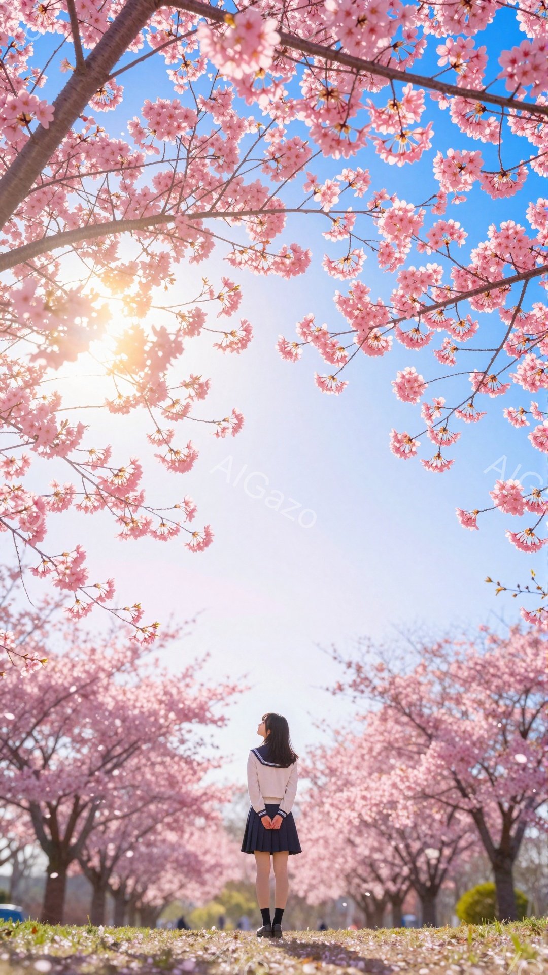 長い黒髪を背中に流した少女が、桜並木の中央を背にして立っている。紺色のセーラー服と黒いスカートを身につけ、足元は黒い靴で、春の穏やかな日差しの中で静かに佇んでいる。桜の花びらが舞い散る並木道は、鮮やかなピンク色で埋め尽くされ、空は明るい青空が広がり、暖かく幻想的な雰囲気を醸し出している。