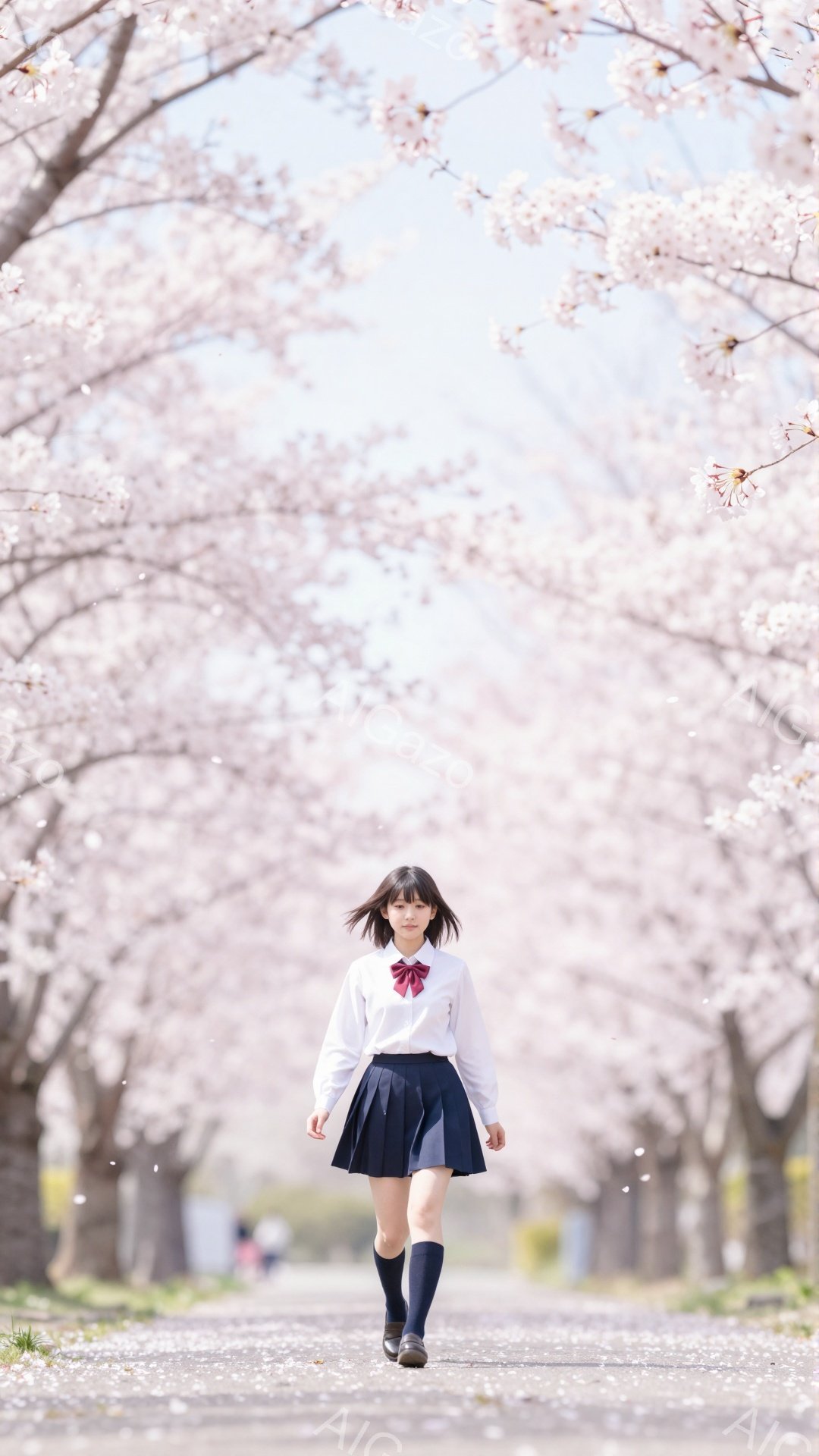 桜並木の道を、制服を着た女子高生が歩いている。白いブラウスに紺色のスカート、赤いリボンがアクセントになっている。背景は満開の桜並木で、花びらが舞い、春の暖かく優しい雰囲気が漂っている。 - AI生成フリー素材