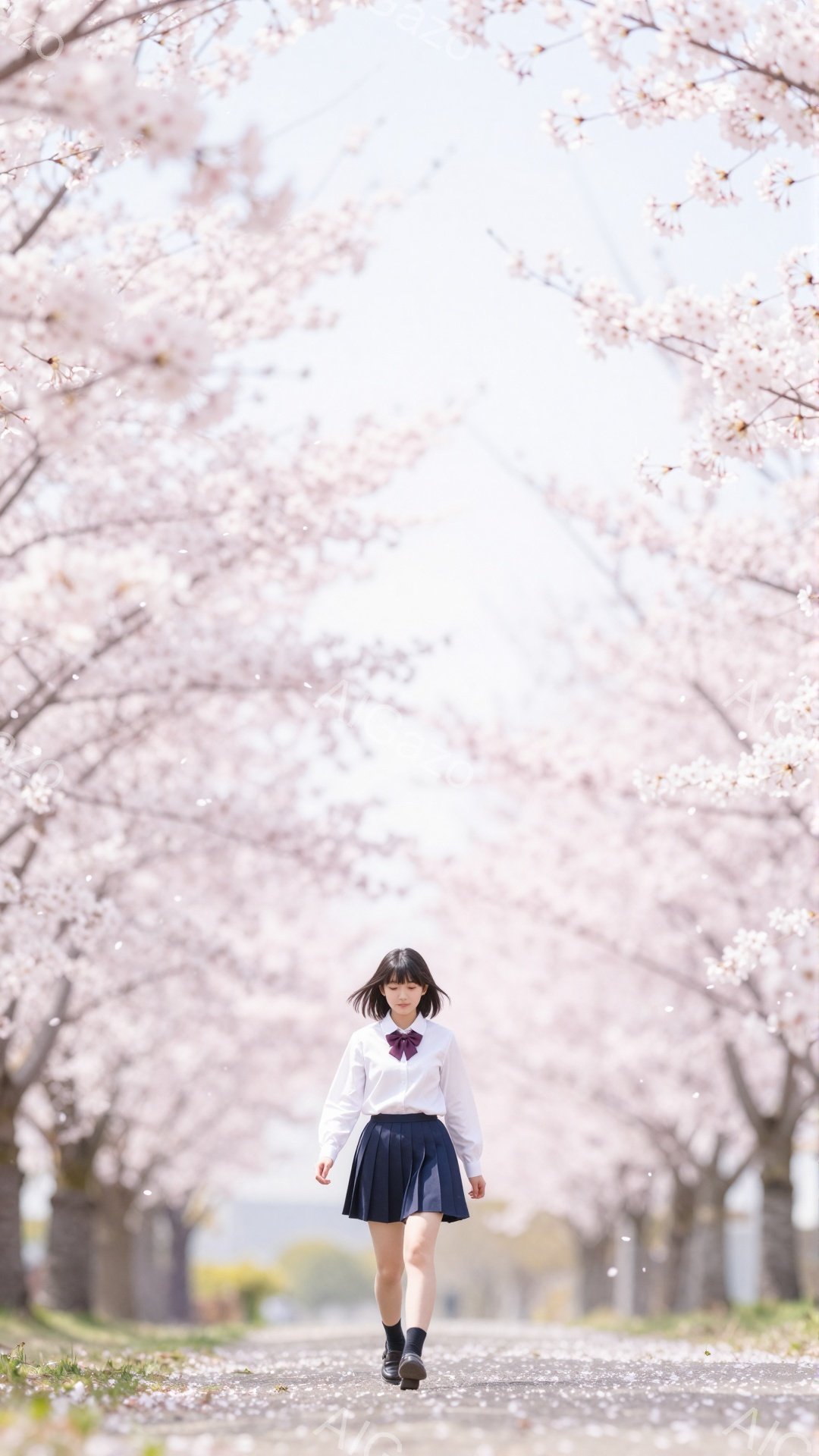 画像には、桜並木の中を歩く女子高生が写っています。紺色のリボンと白いシャツに、プリーツの短いスカート、そして黒い靴を履いており、黒髪のボブヘアで、表情ははっきりと見えませんが、前を見据えています。桜の - AI生成フリー素材