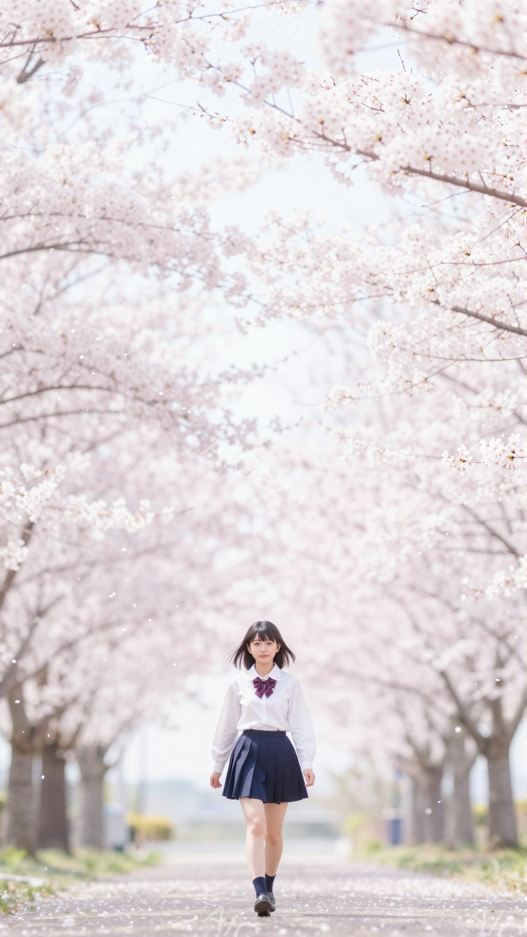 少女は白いブラウスと紺色のスカート、そして赤いリボンをつけた制服を着て、桜並木の中を正面に向かって歩いている。彼女は黒髪で前髪を揃え、少し微笑んでいるように見える。背景は満開の桜並木で、道一面に花びら - AI生成フリー素材