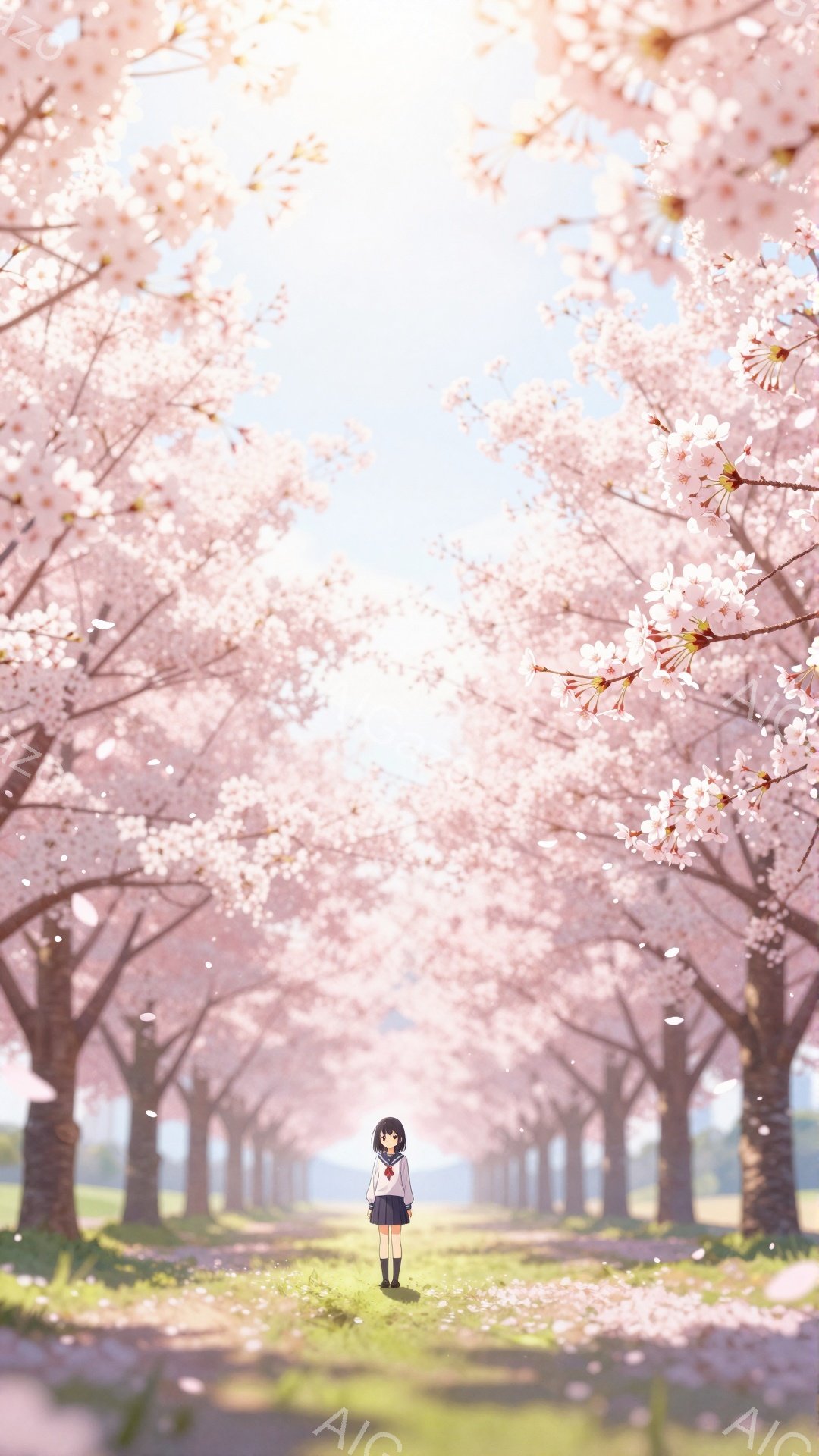 画像には、桜並木の中央に立つ一人の少女が描かれています。彼女はセーラー服を着て、長い黒髪を後ろで結んでいます。背景は満開の桜並木で、花びらが舞い散り、明るい日差しが差し込んで、春の暖かく穏やかな雰囲気 - AI生成フリー素材