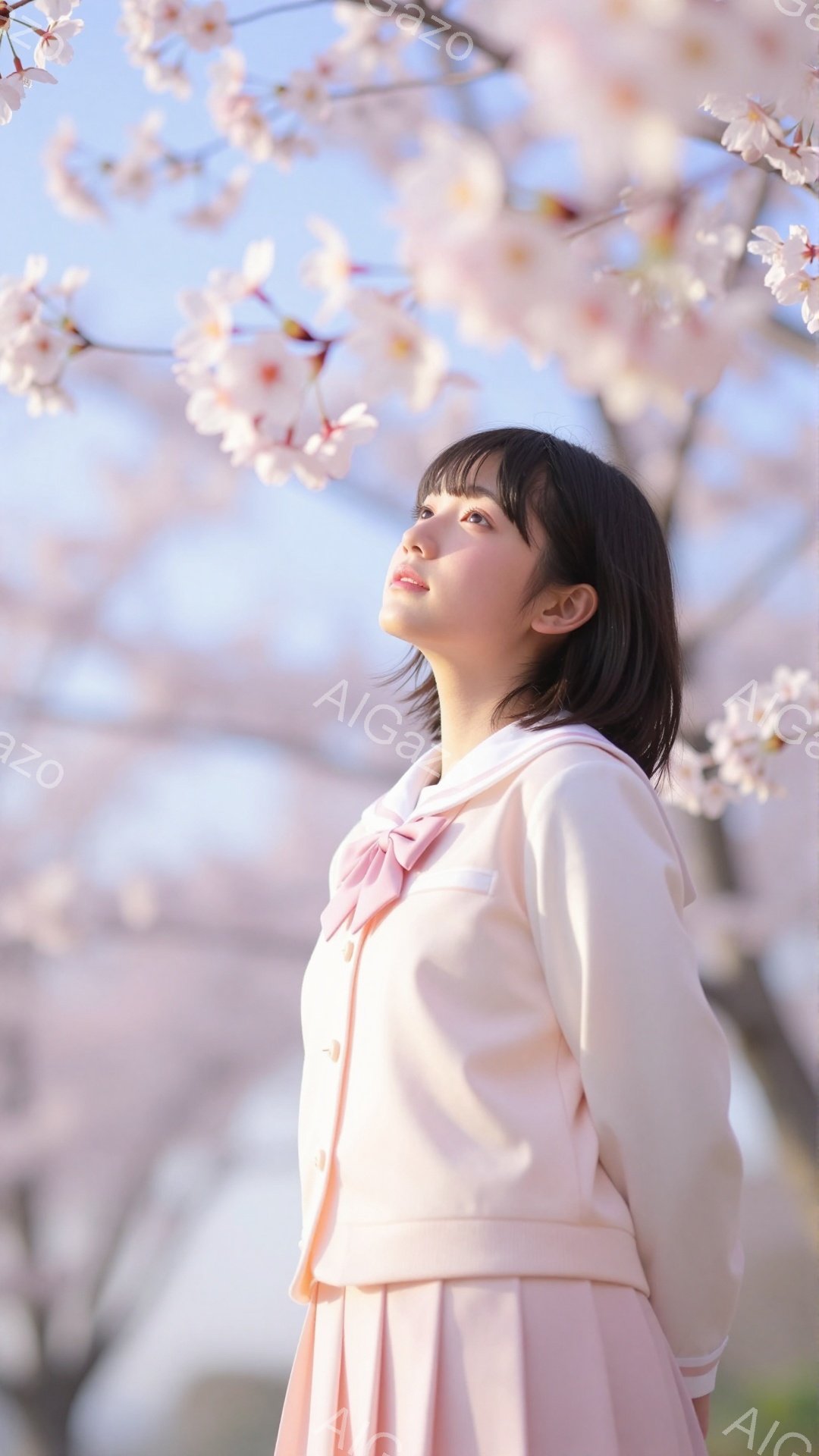 彼女は桜並木の下で、ピンク色の制服を着て立っている。彼女は黒髪で、少し上を向いて空を見つめており、穏やかな表情をしている。背景には淡いピンク色の桜の花が咲き誇り、春らしい柔らかい雰囲気が漂っている。