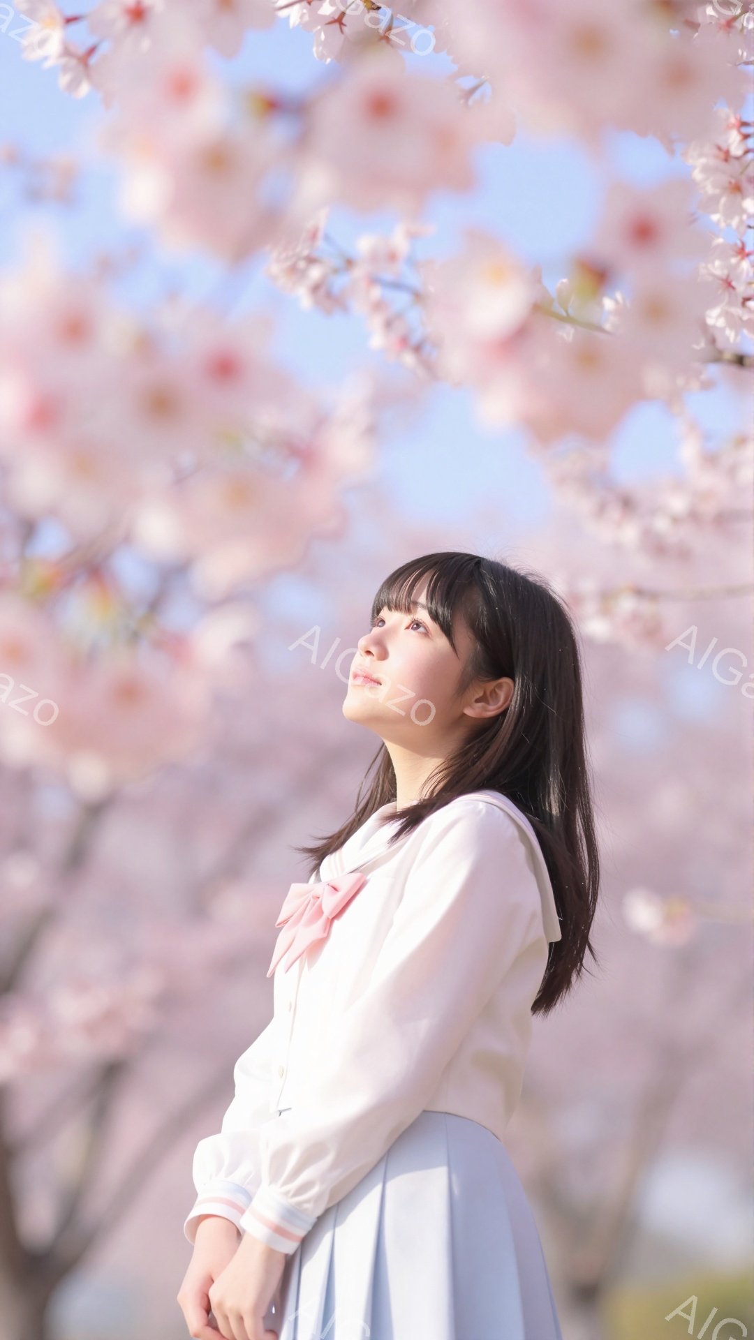 少女は桜の木の下で、少し上を見上げています。白いブラウスに水色のスカート、そしてピンクのリボンが可愛らしい制服を着ており、黒髪のボブスタイルに整髪されています。背景には桜の花びらが舞い、春の暖かく穏やかな雰囲気が漂っています。
