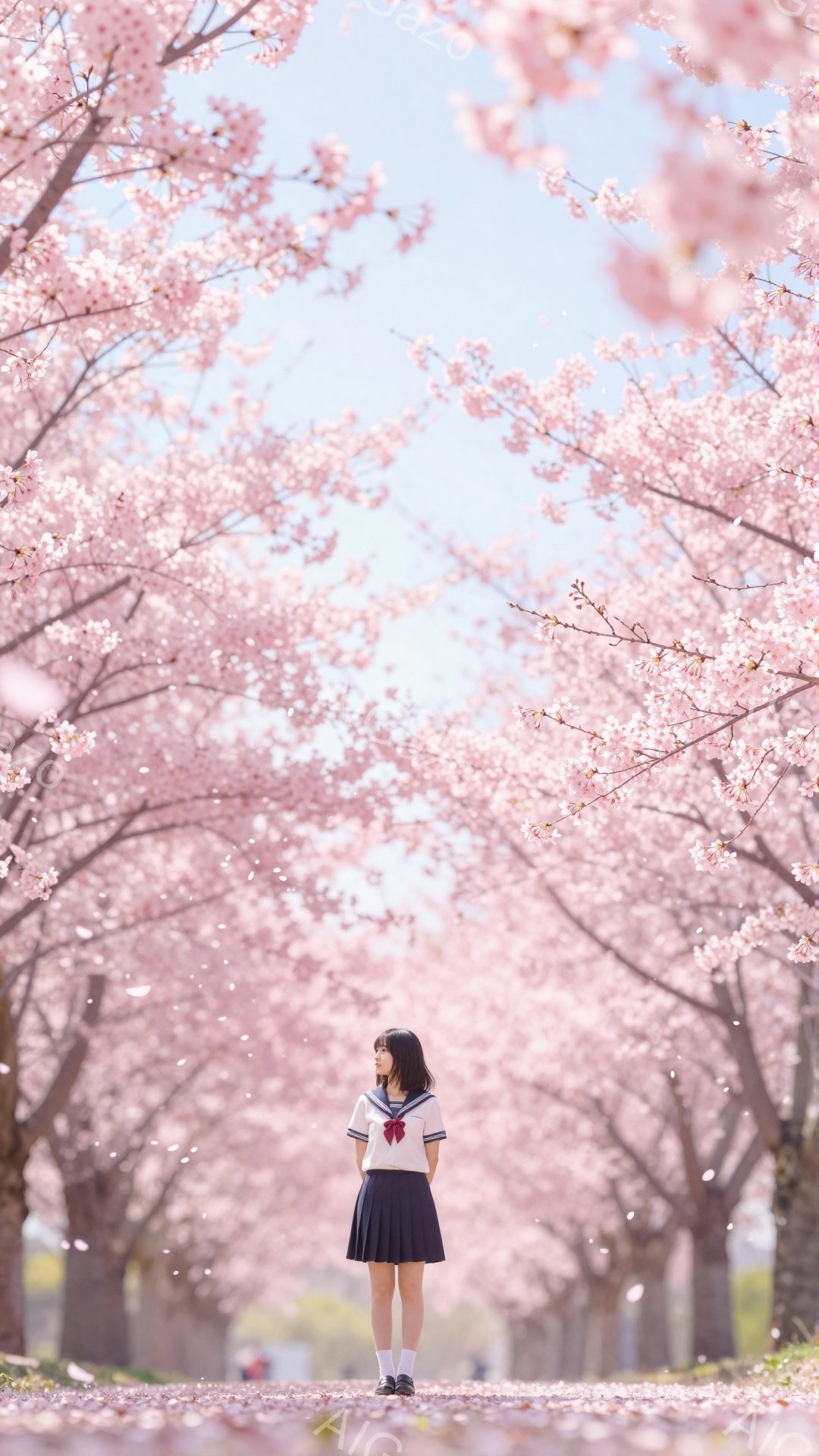 少女は紺色のブレザーとチェック柄のスカート、白いブラウスと赤いリボンを締めた制服を着て、桜並木の中を歩いています。彼女は黒髪で、後ろで一つにまとめられています。背景は満開の桜の木々で、ピンク色の花びらが舞い散っており、春の穏やかな雰囲気を醸し出しています。