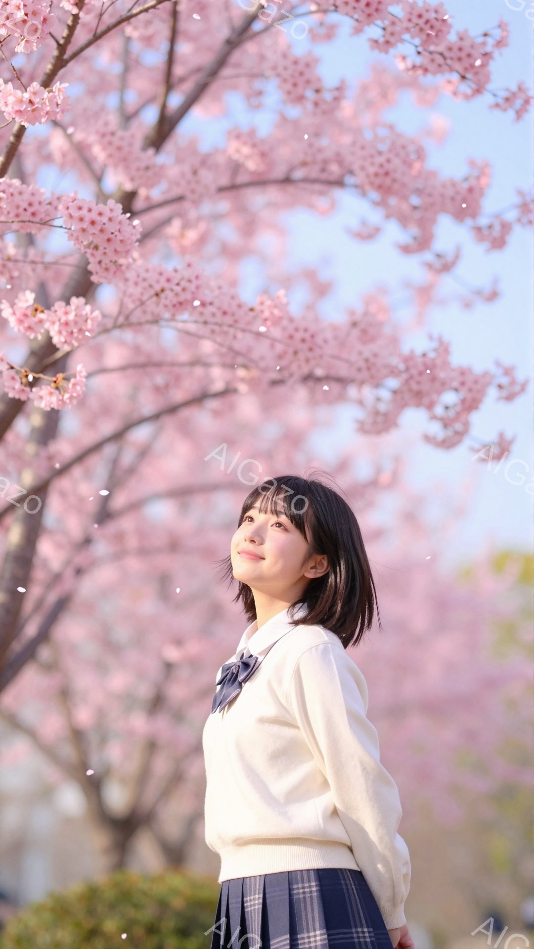 桜並木の背景で、紺色のリボンと白襟が特徴のセーラー風の制服を着た女子高生が、顔を少し上に向けて空を見ている。彼女は短い茶色の髪で、穏やかな微笑みを浮かべており、姿勢はまっすぐで若々しい希望に満ちている - AI生成フリー素材
