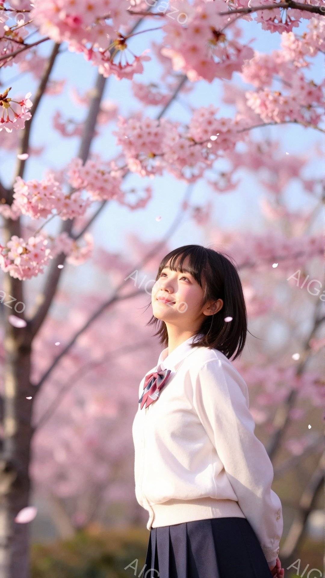 桜並木の下で、制服を着た若い女性が立っている。彼女は短めのダークブラウンヘアで、顔色は明るく、少し微笑んでいる。背景は満開の桜で、ピンク色の花びらが舞い散り、春の暖かく穏やかな雰囲気を醸し出している。 - AI生成フリー素材