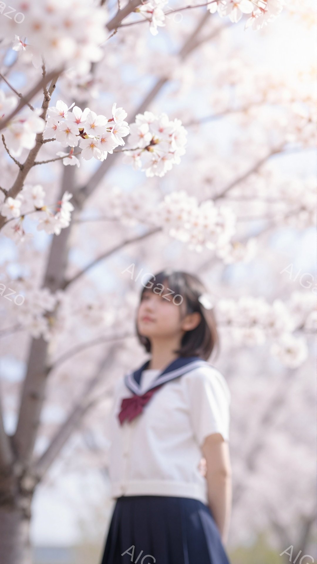 少女は桜並木の下に立っており、白いブラウスと紺色のスカート、そして赤いリボンがアクセントのセーラー服を着ています。髪は肩のあたりで切り揃えられ、前髪が少し目にかかるようにセットされています。表情は少し物憂げで、春の淡い光の中で、彼女の姿が桜の花びらと共に美しく溶け込んでいます。