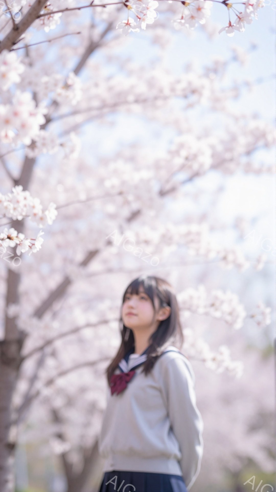 明るい日差しの中、桜並木を背景に女子学生が立っている。彼女はセーラー服を着ており、長い茶色の髪は肩にかかっている。顔は少し上向きで、穏やかな微笑みを浮かべている。