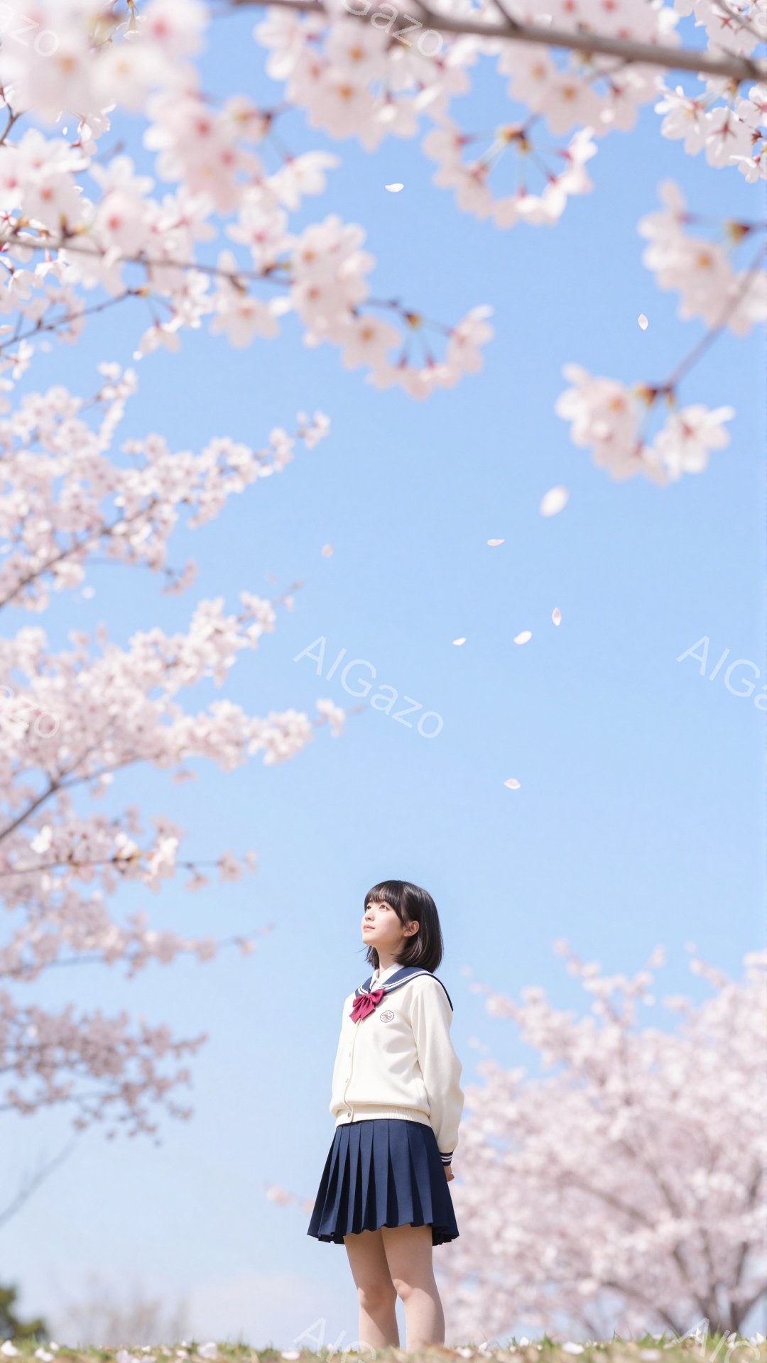 セーラー服を着た少女が、満開の桜並木の真下で立っている。彼女は黒髪で、少し上を見ている。背景は青空と桜の花びらが舞う様子が描かれ、春の穏やかな雰囲気が漂っている。